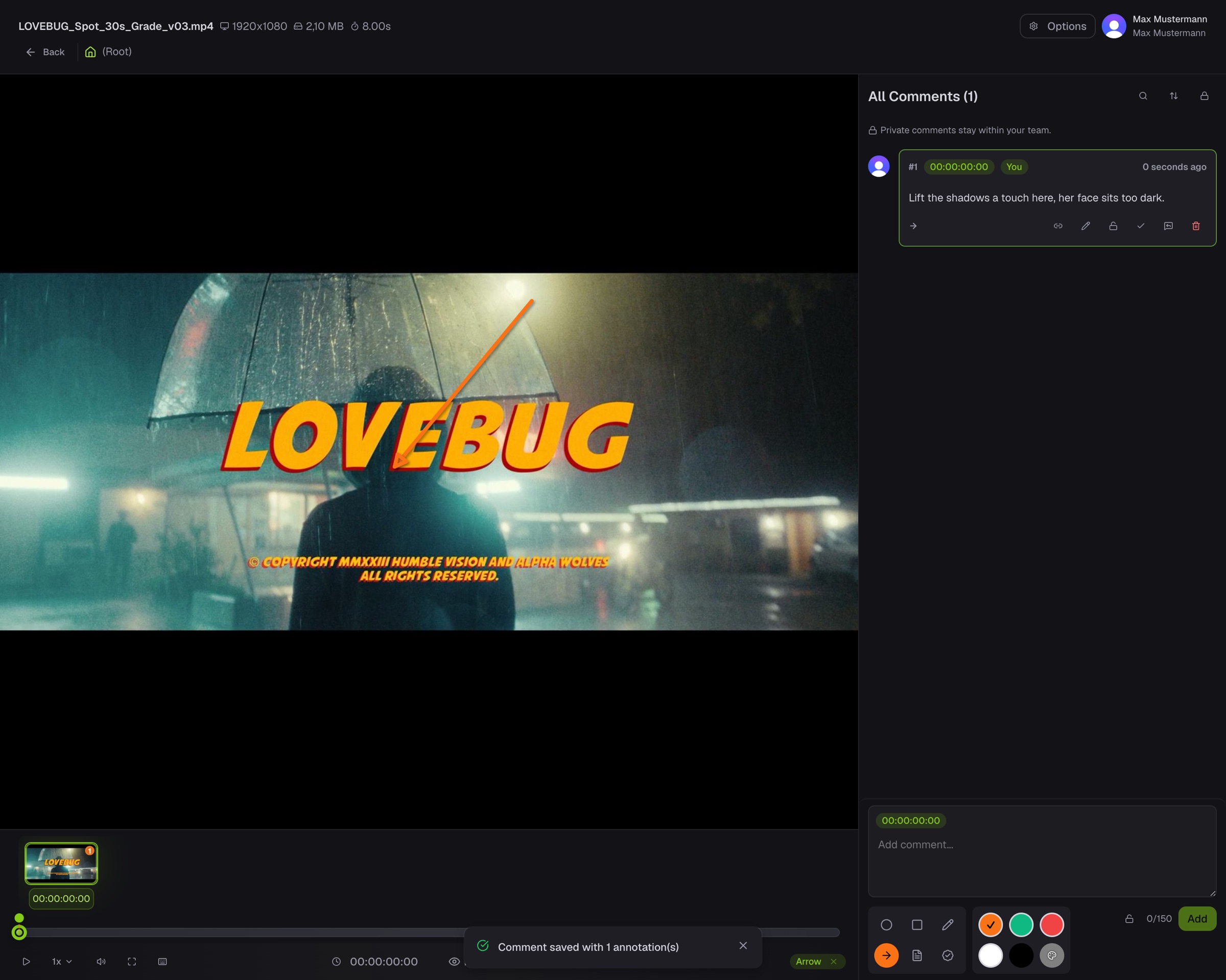 The review viewer with the video and a drawn annotation on the left and frame-accurate comments on the right