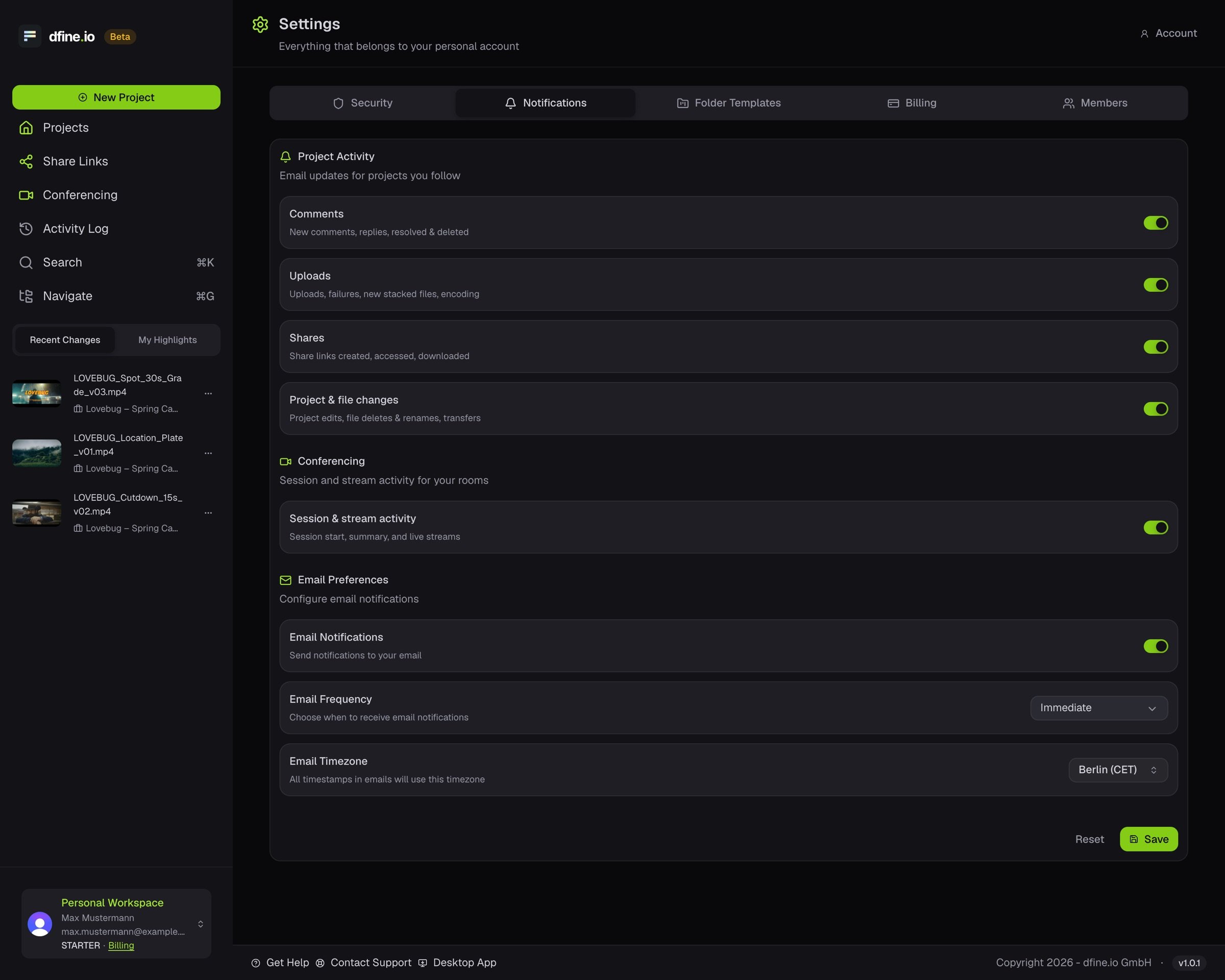 The Notifications tab with switches for project activity, conferencing and email