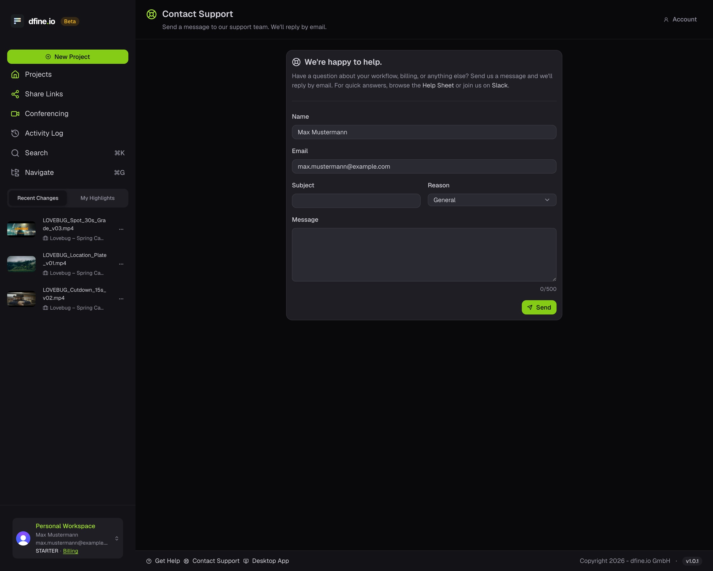 The Contact Support form with name, email, subject, reason and message