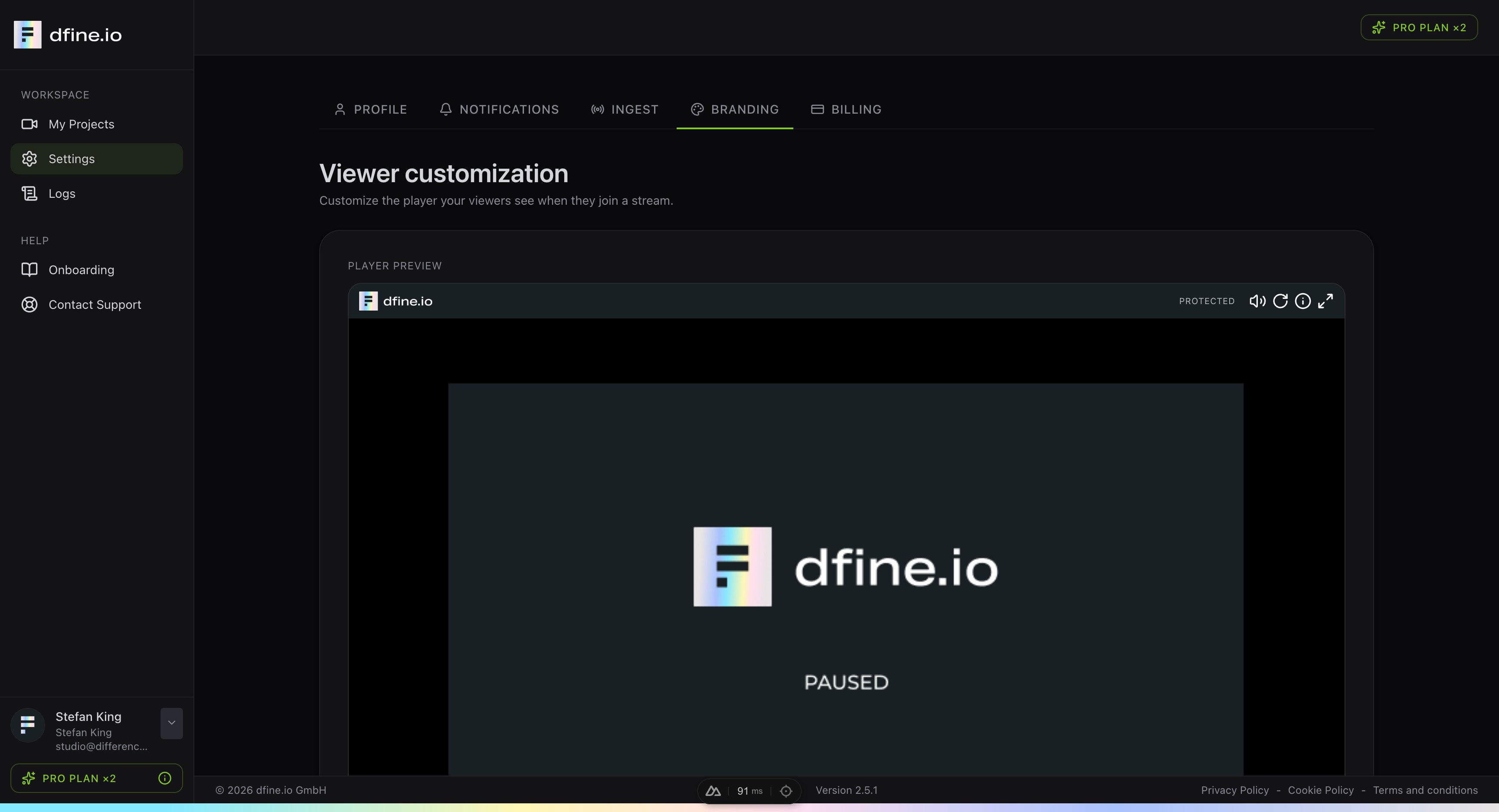 Der Branding-Tab in den Einstellungen mit einer Live-Vorschau des Viewer-Players
