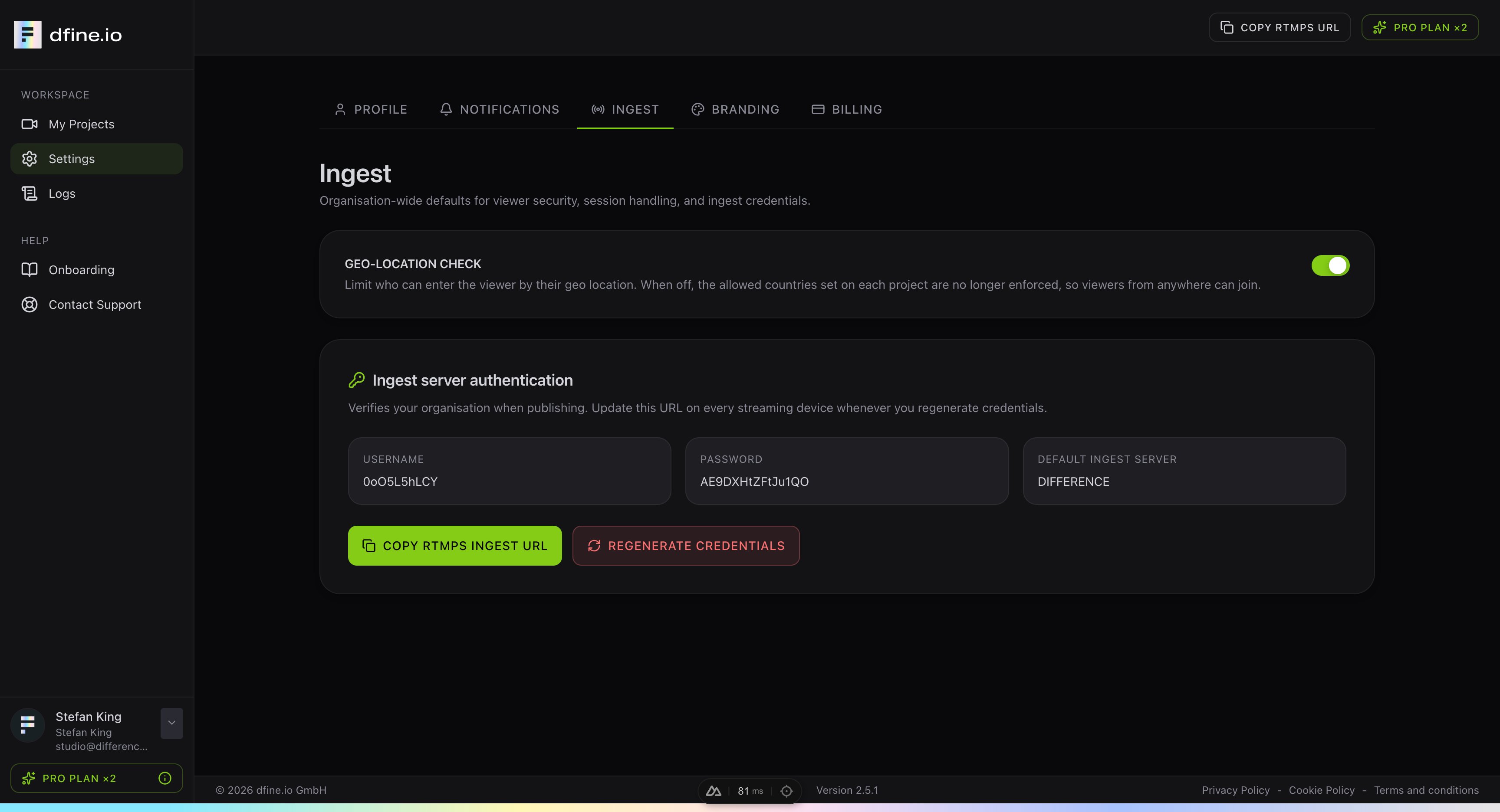 The Ingest tab in Settings with the copy button for the RTMPS ingest URL