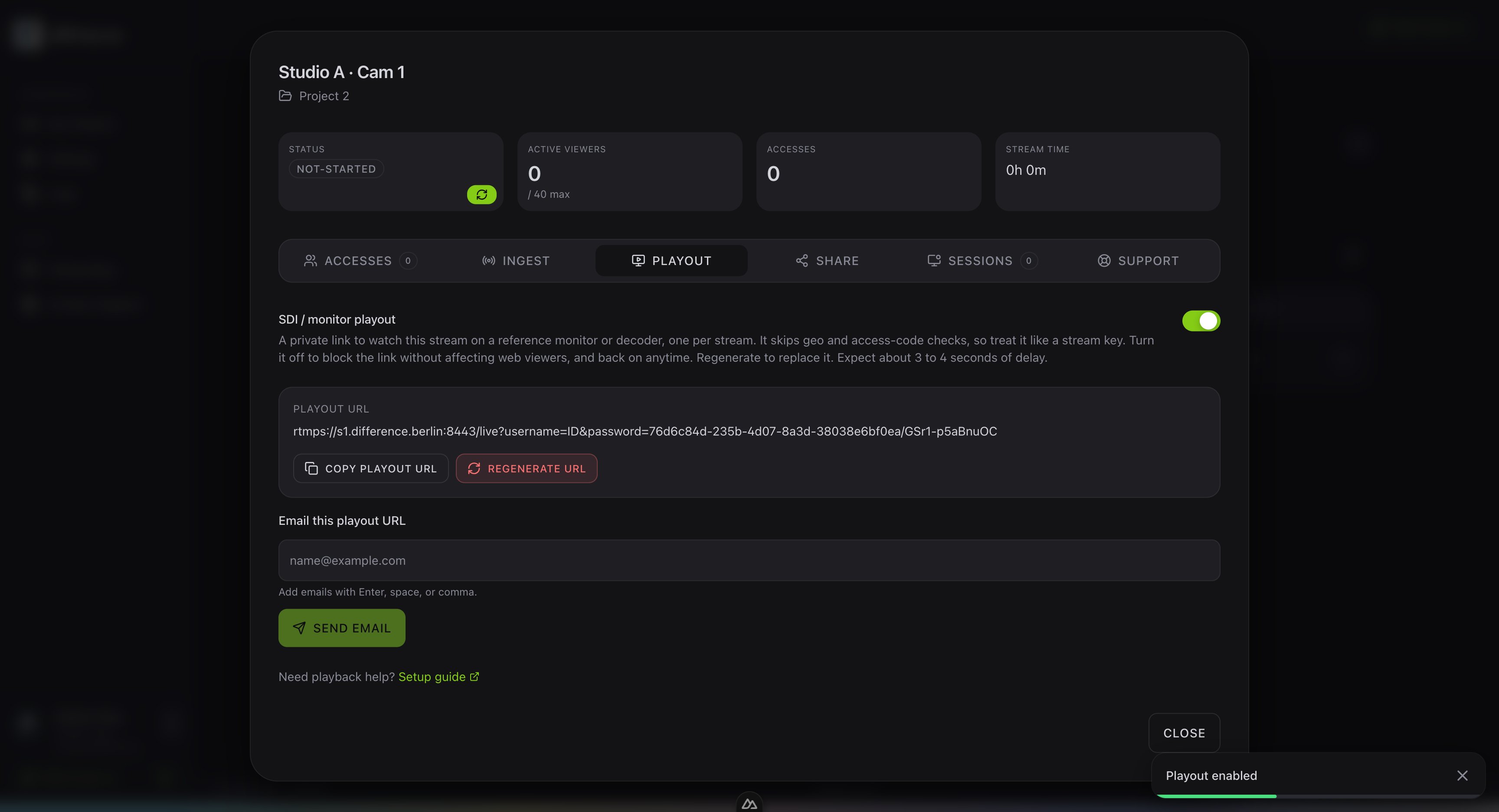 Der Playout-Tab eines Stream-Slots mit aktiviertem Monitor-Link