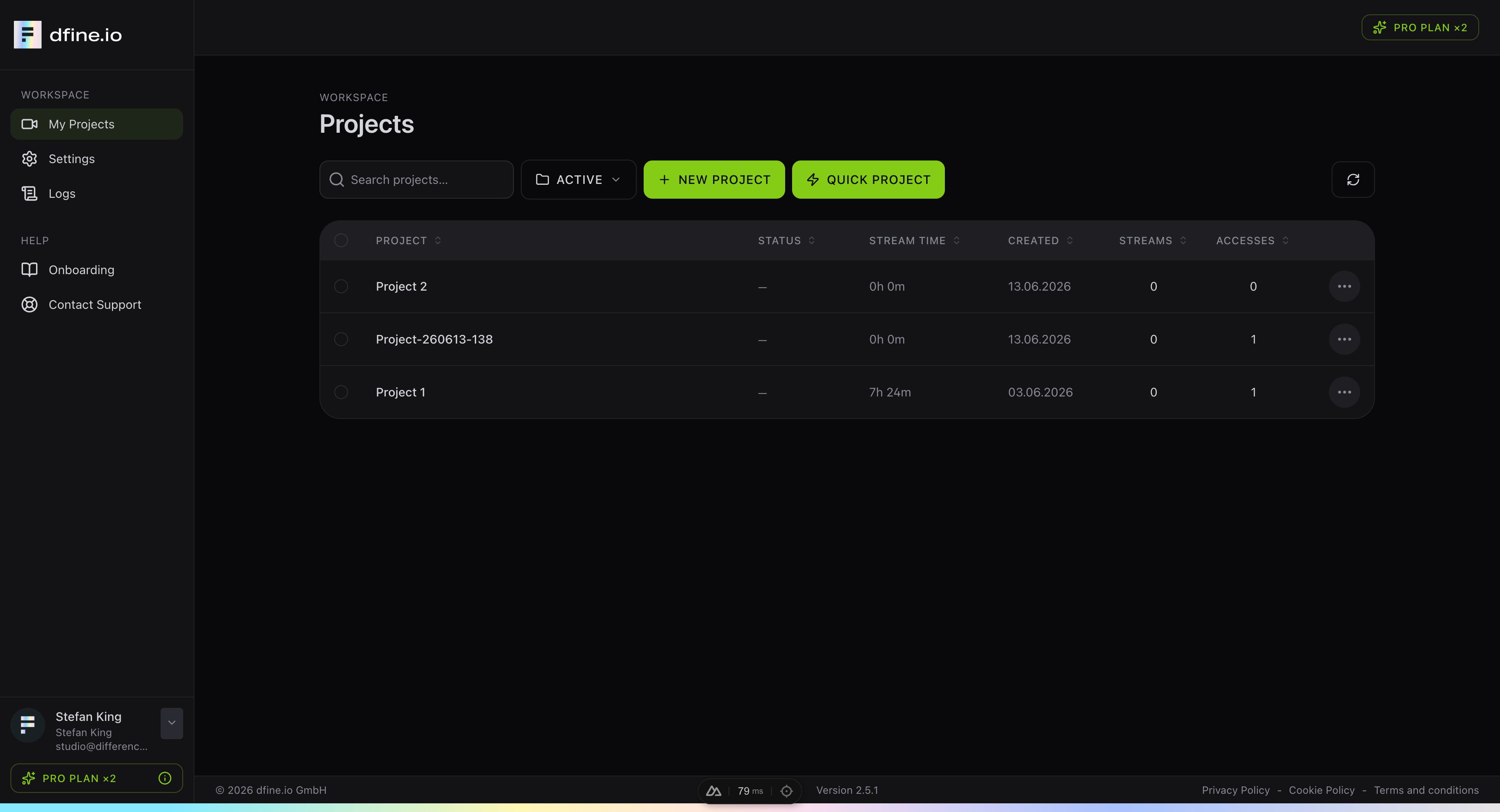 The My Projects overview with the project list and the new project buttons