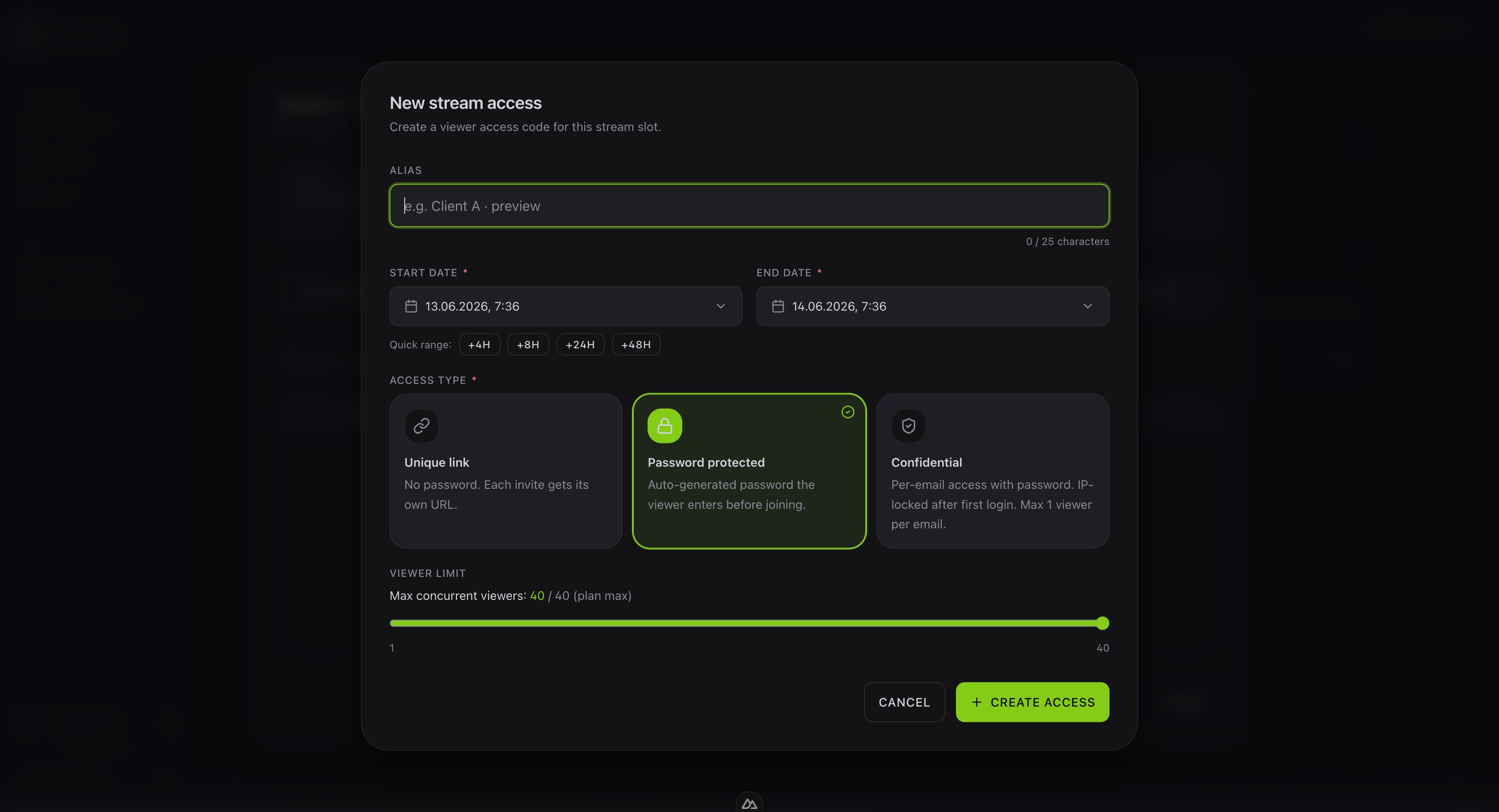 The new stream access dialog with the three access types