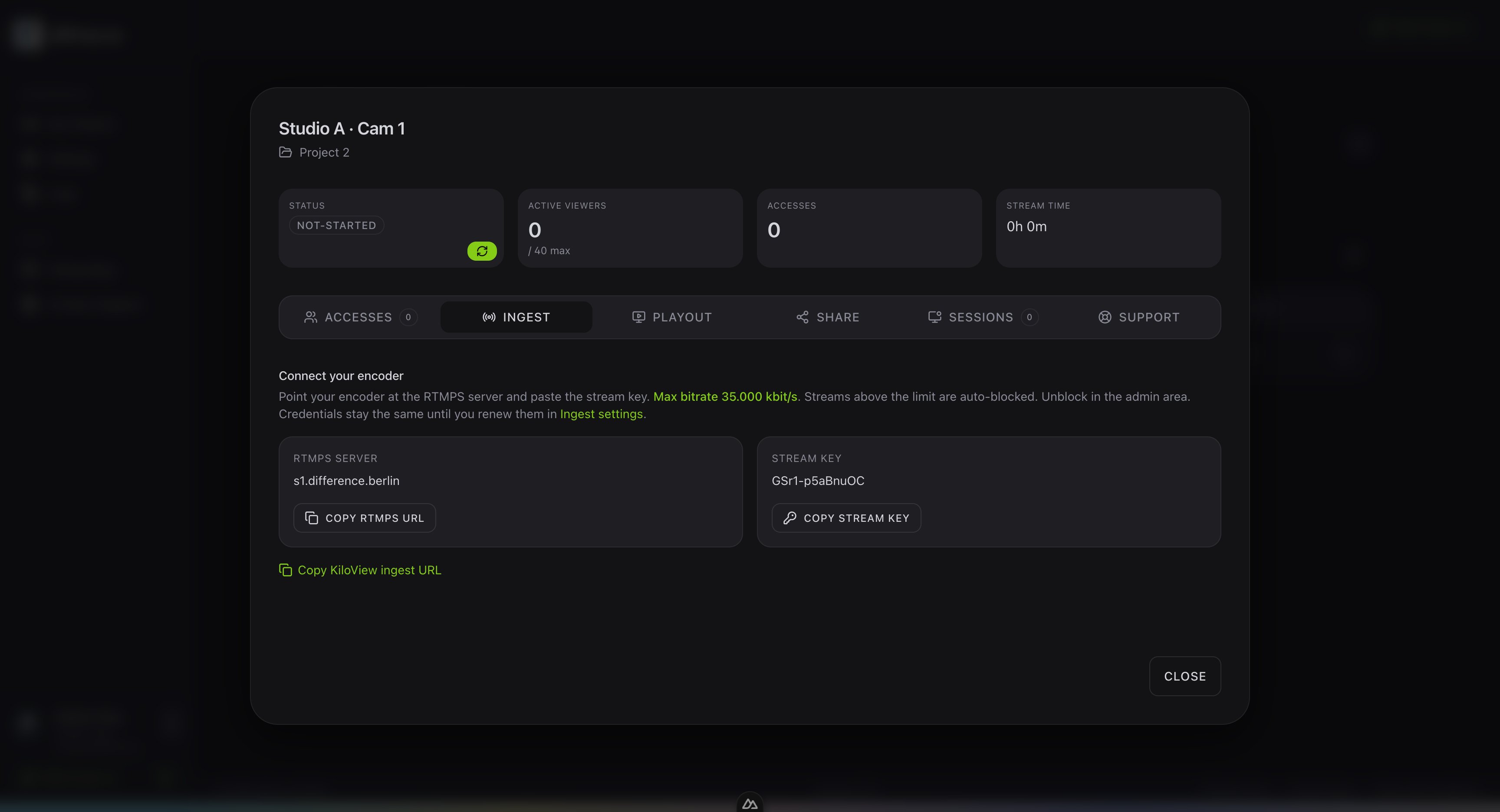 A stream slot open on the Ingest tab, showing the RTMPS server and the stream key