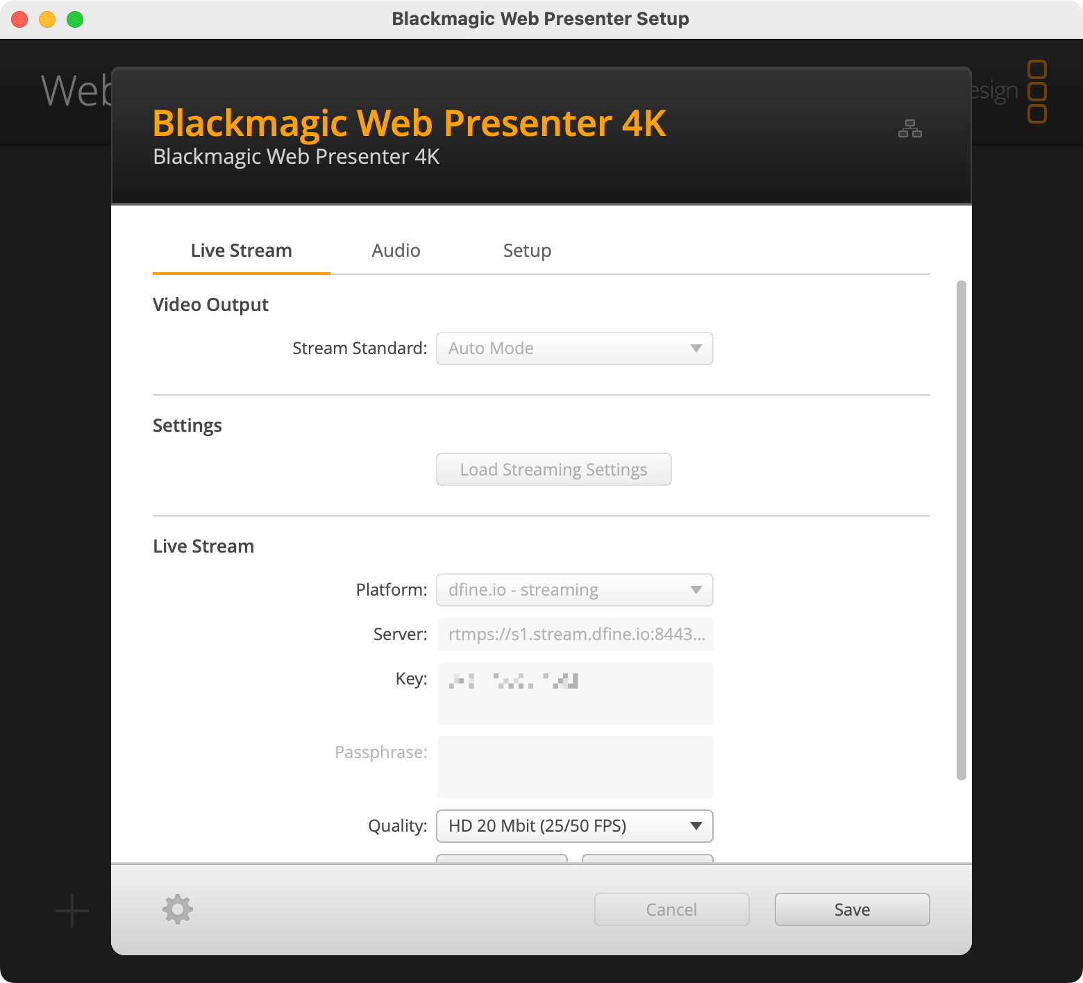 Der Tab Live Stream im Blackmagic WebPresenter Setup-Programm