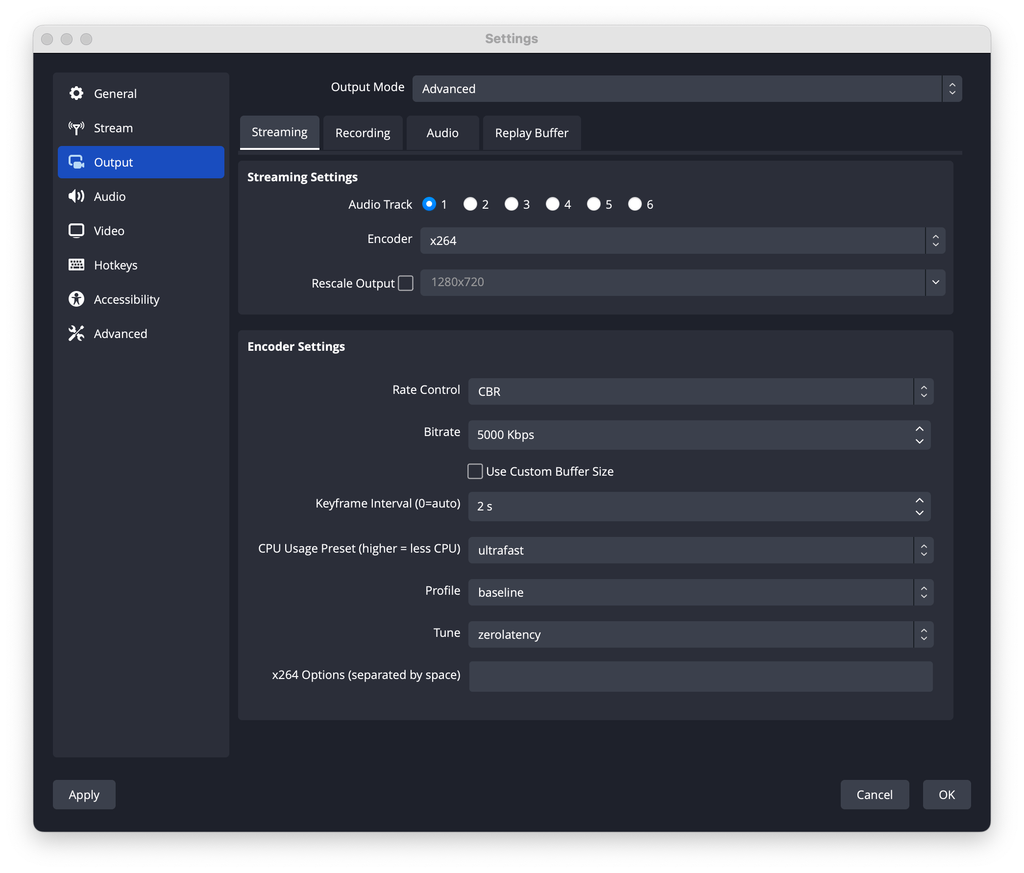 OBS-Output-Einstellungen mit ausgewähltem x264-Encoder
