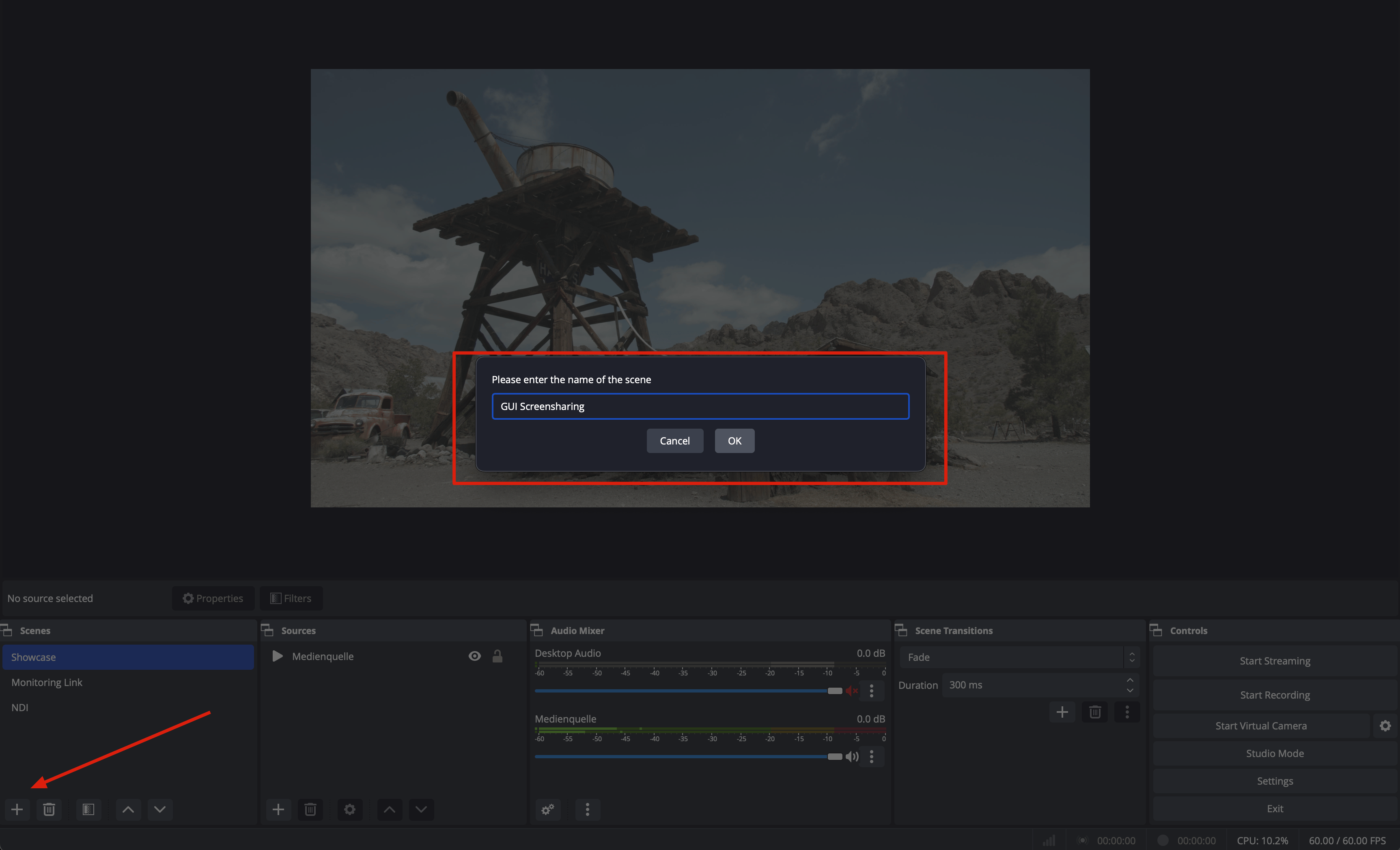 Die Szene GUI Screensharing in OBS erstellen