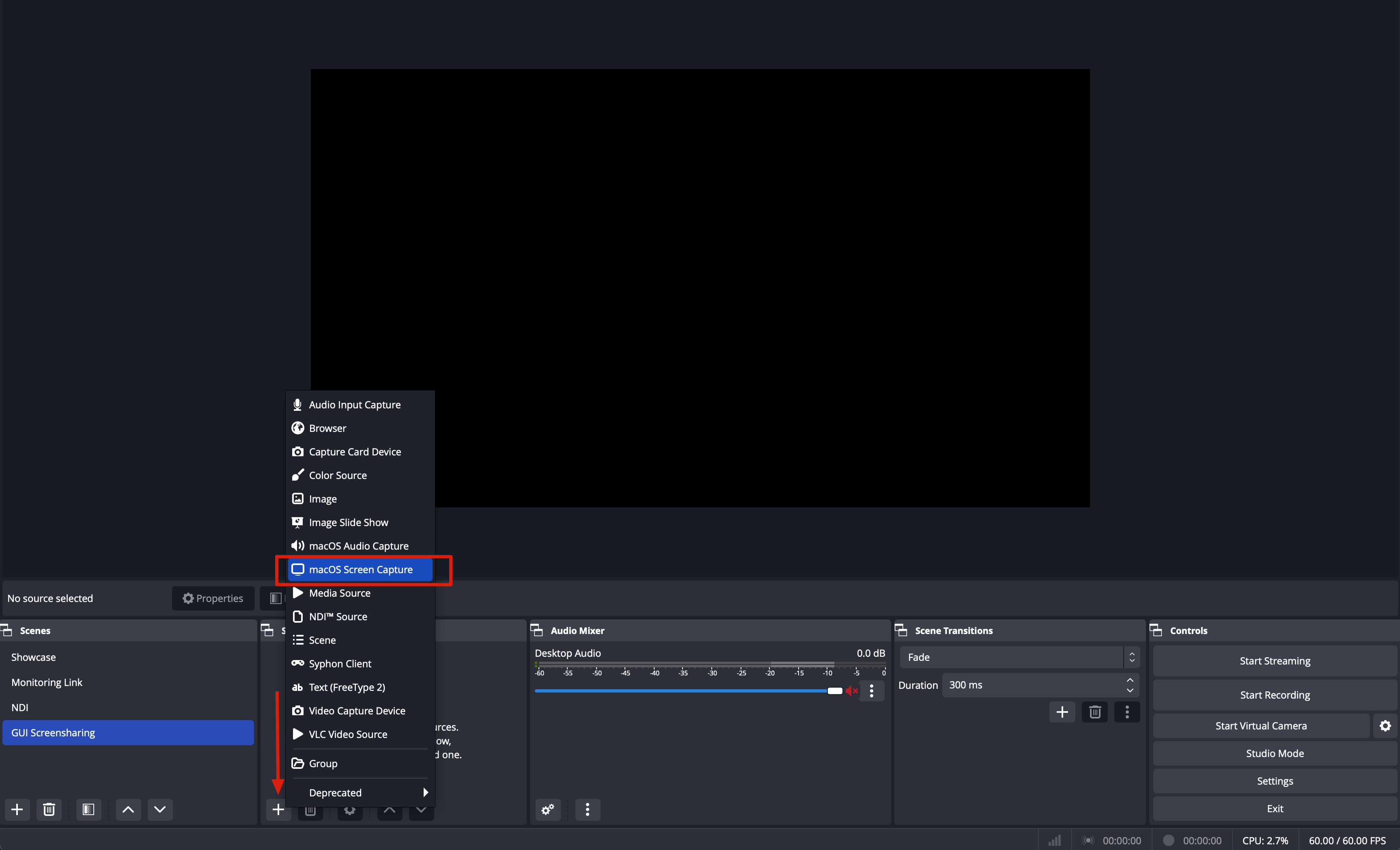Die Quelle macOS Screen Capture hinzufügen