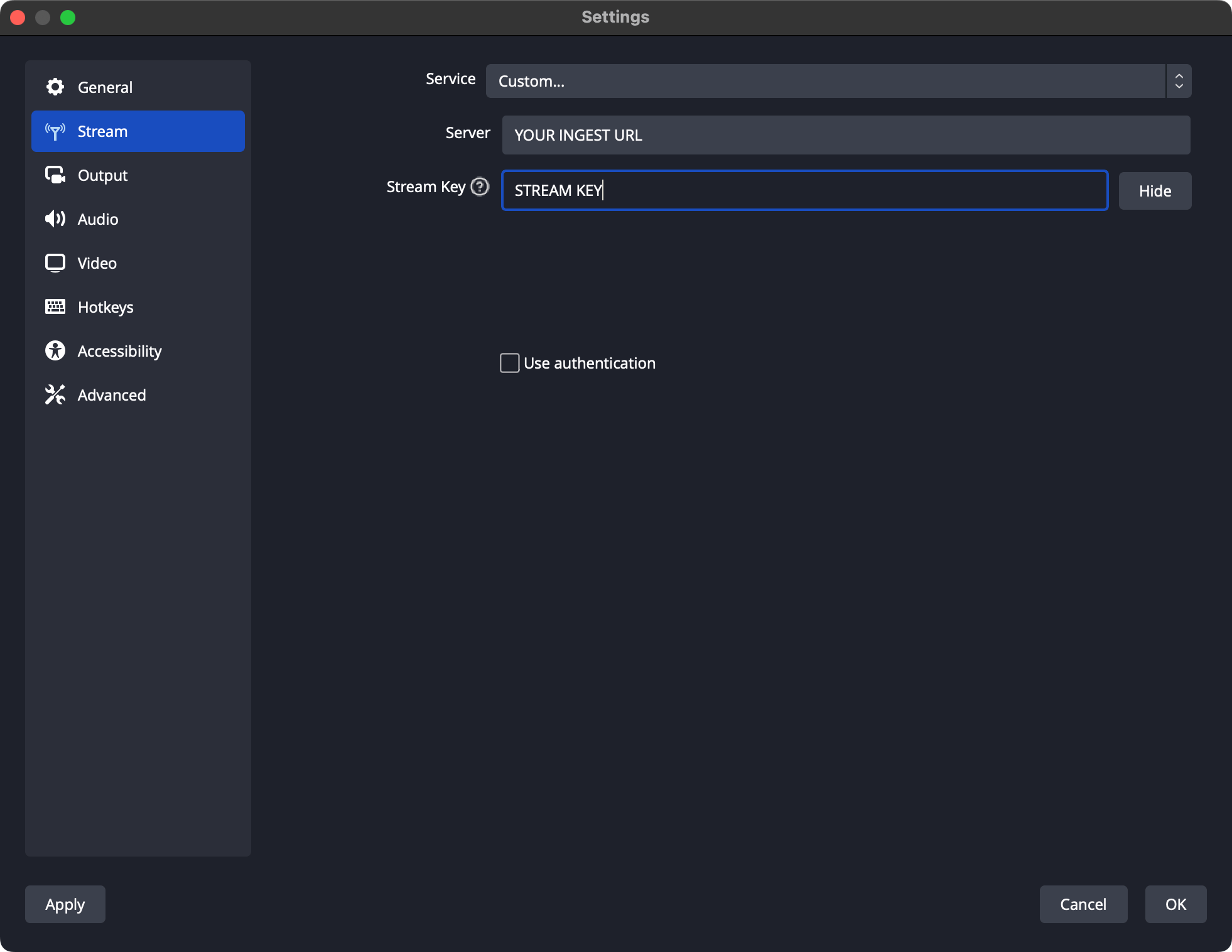 OBS-Stream-Einstellungen mit Server und Stream Key