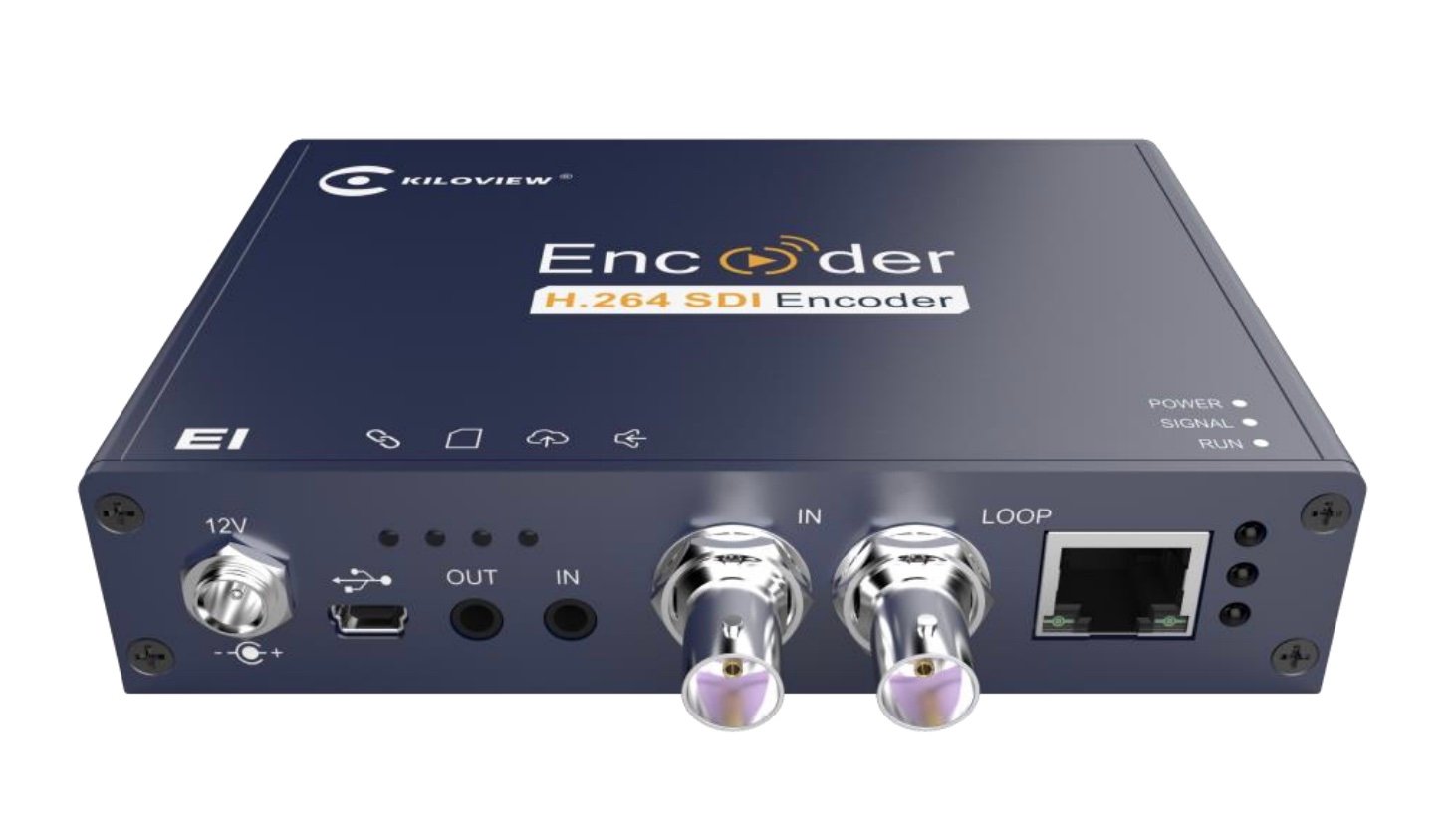 Der Kiloview E1 H.264 SDI-Encoder mit 12V-Strom, USB, Audio, SDI-Eingang, SDI-Loop und Ethernet-Anschluss