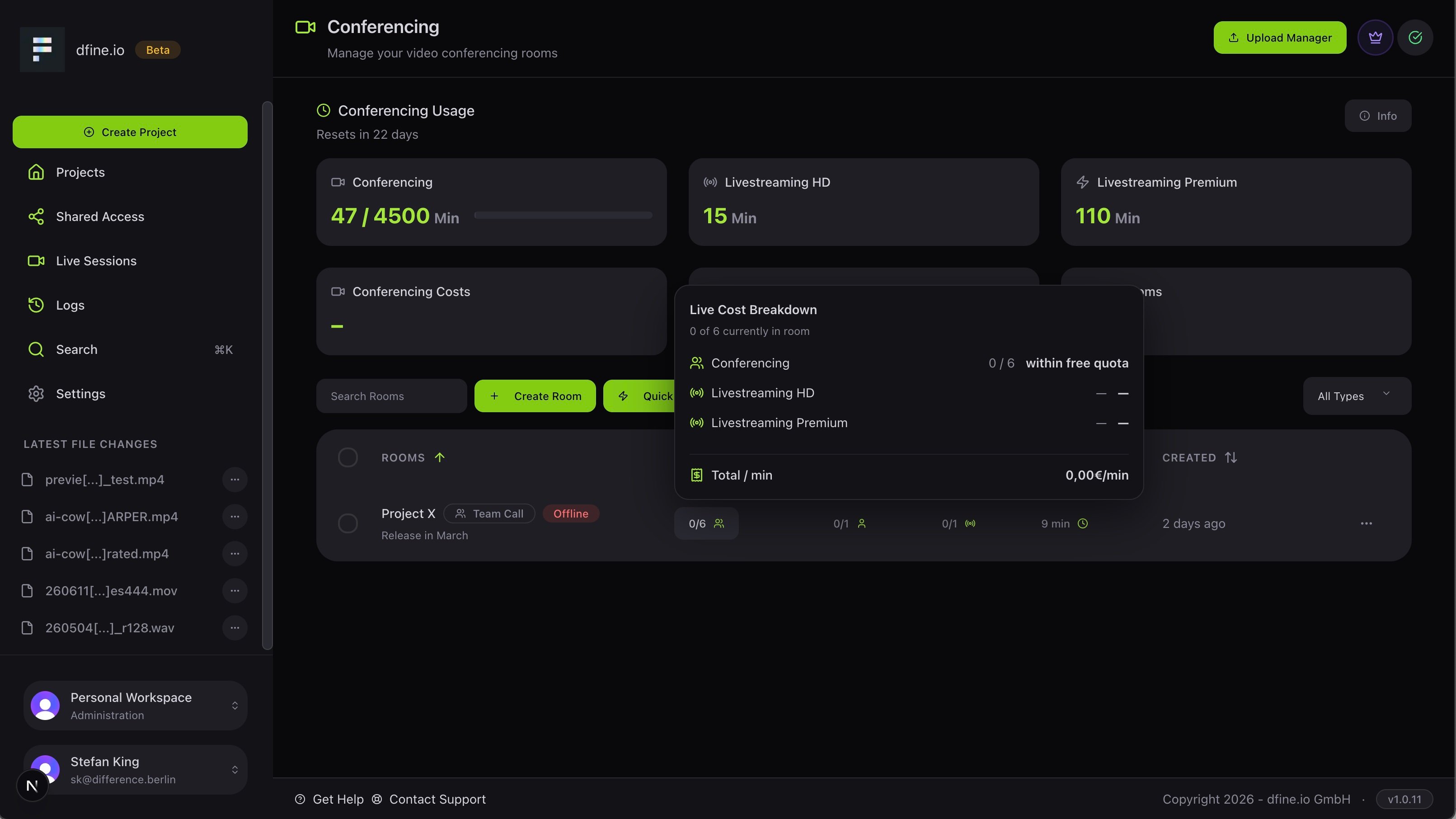 Die Live-Sessions-Seite mit Conferencing-Nutzung und der Raumliste