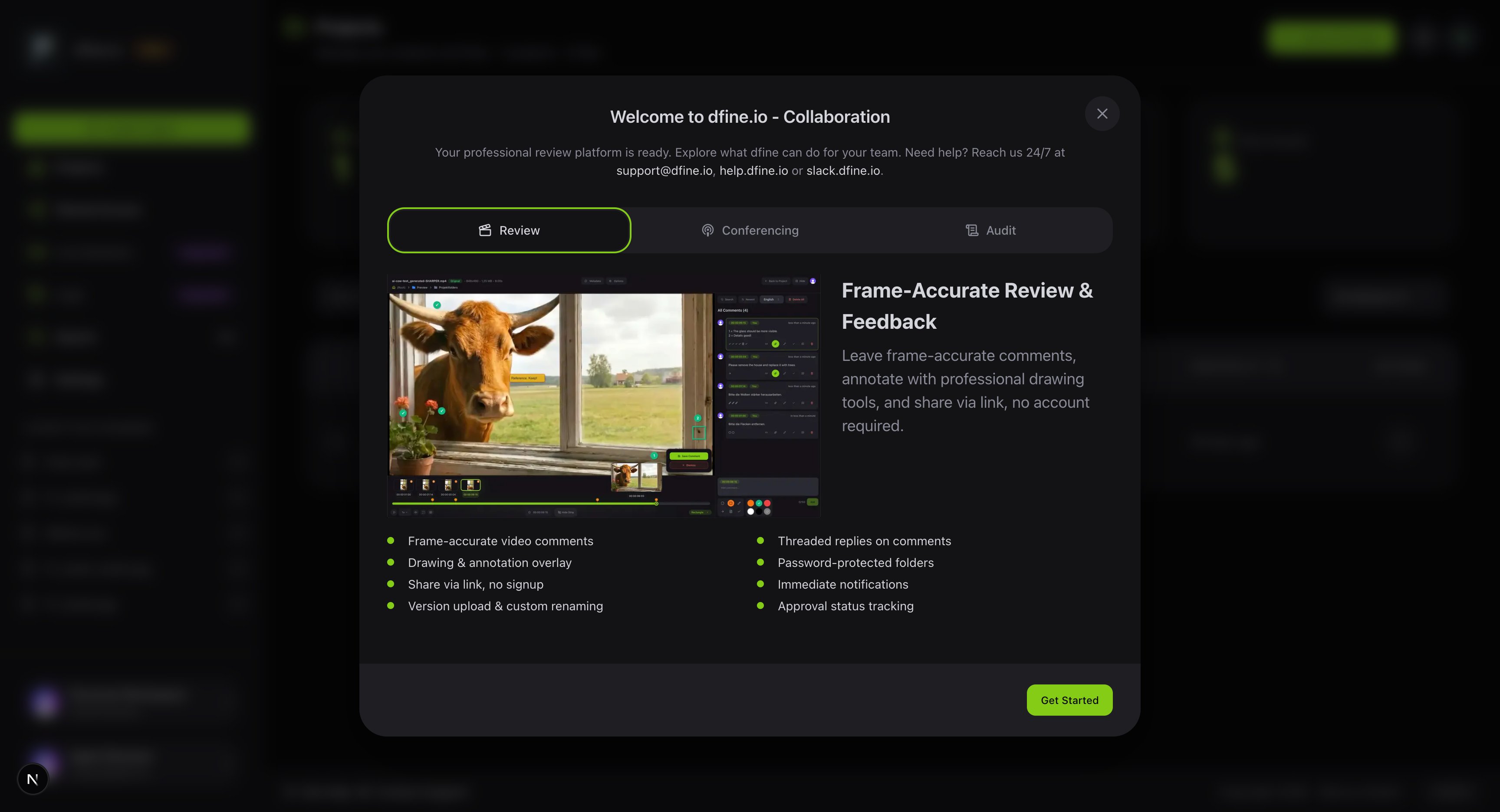 Der Begrüßungsbildschirm von dfine.io - Review mit den wichtigsten Funktionen