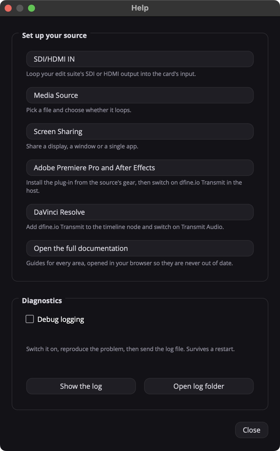 Der Help-Dialog von Studio mit Set up your source und Diagnostics