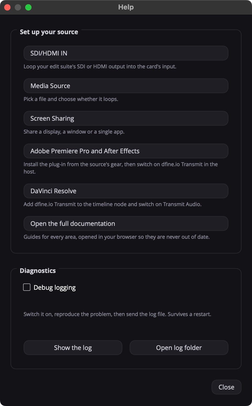 Der Help-Dialog von Studio mit Set up your source und Diagnostics