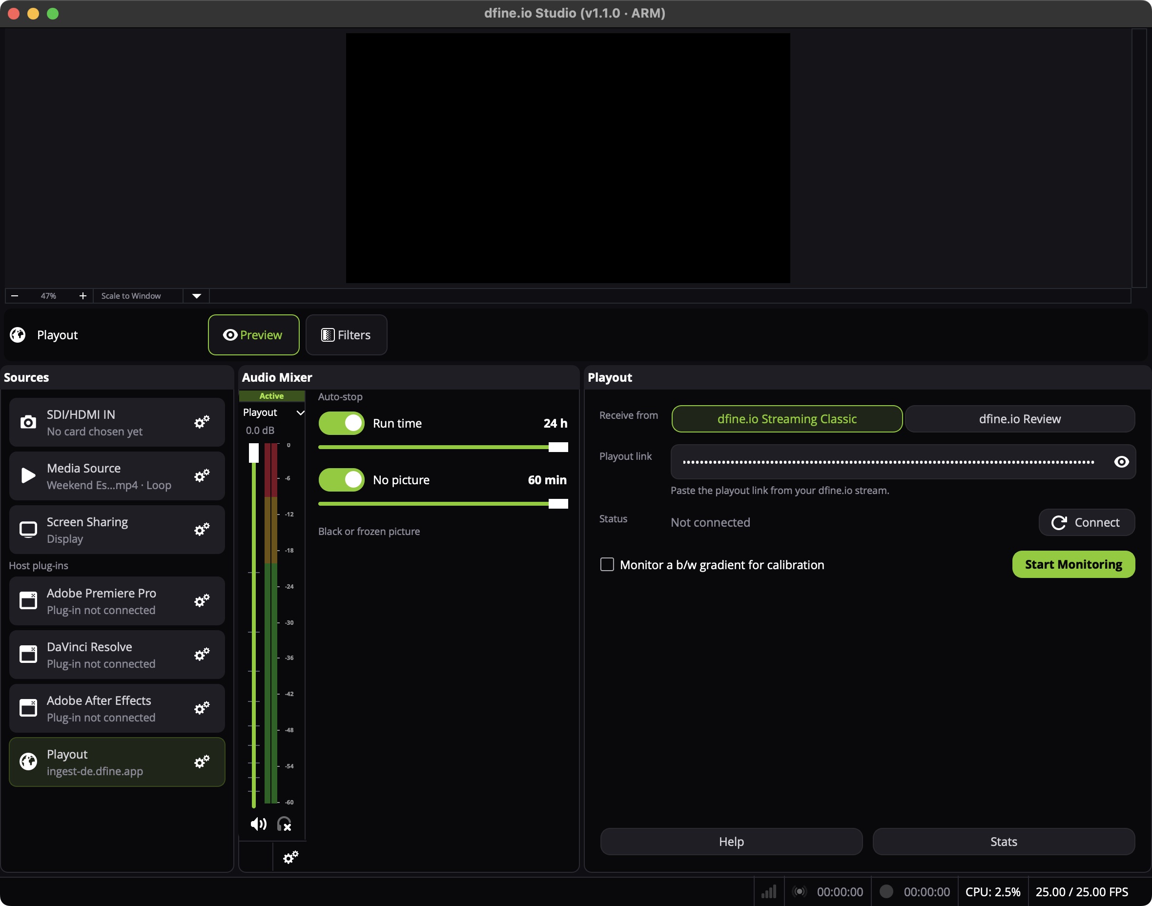 The Studio Playout panel receiving from dfine.io Streaming Classic with a playout link