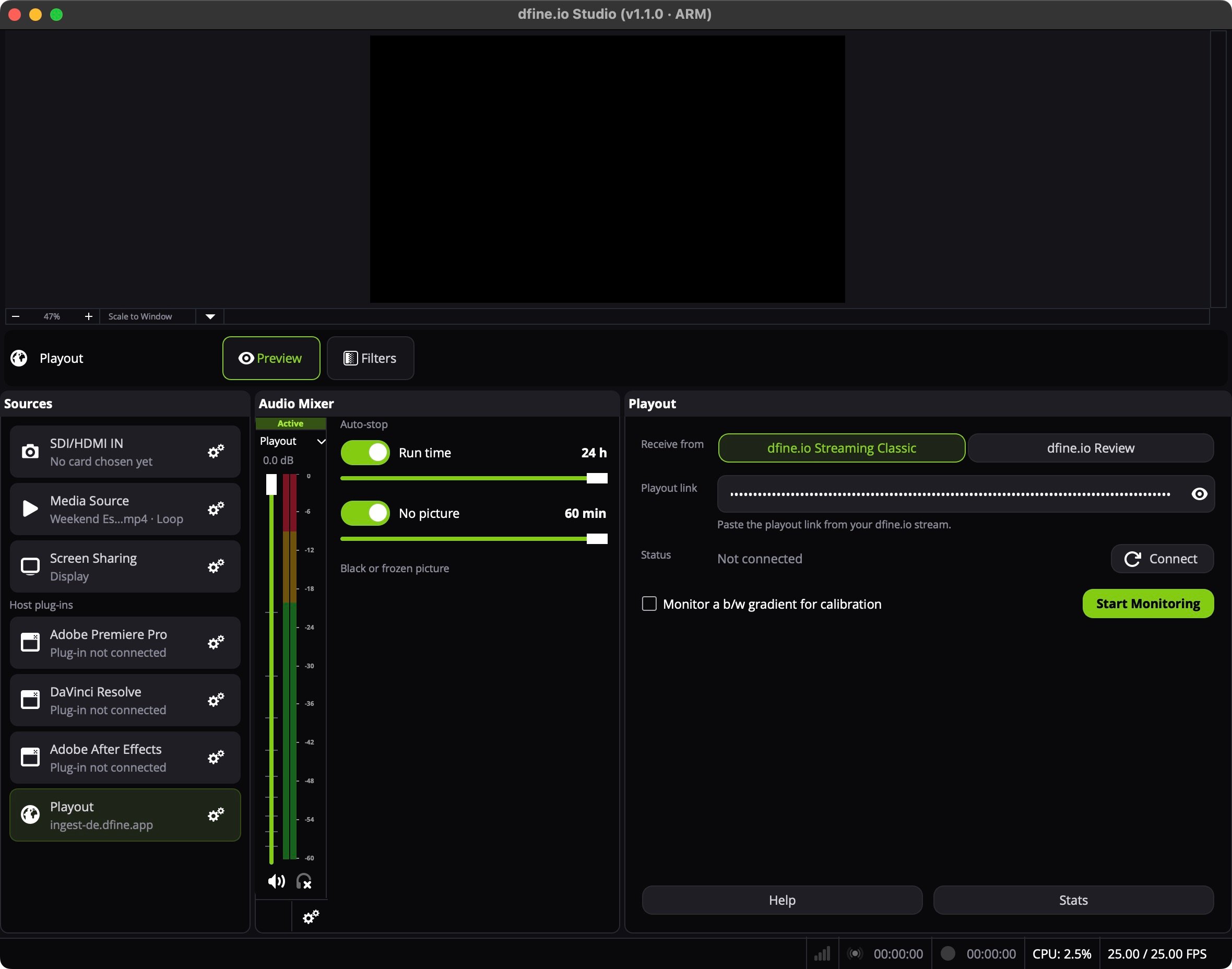 The Studio Playout panel receiving from dfine.io Streaming Classic with a playout link