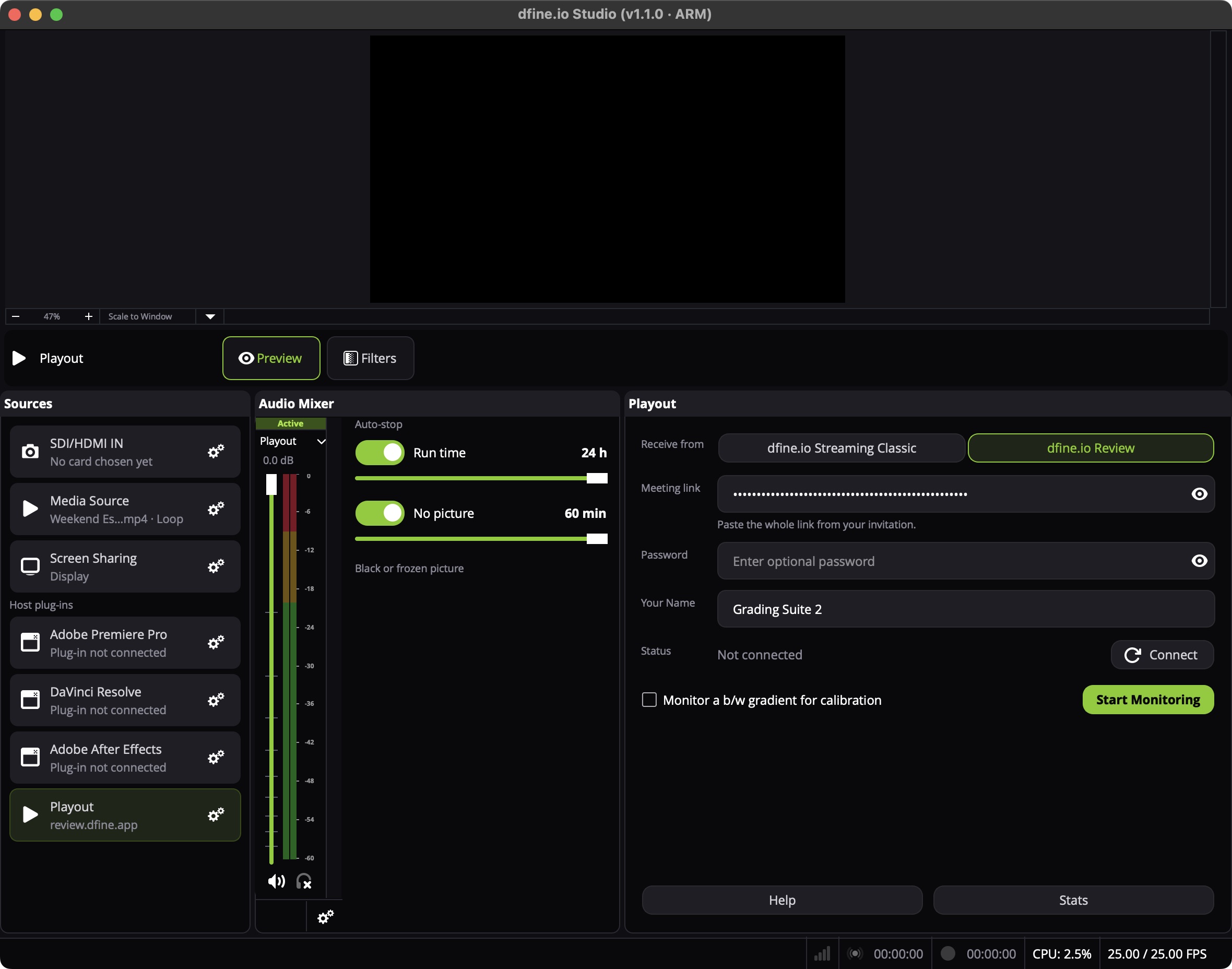 The Playout panel receiving from dfine.io Review with a meeting link and Your Name