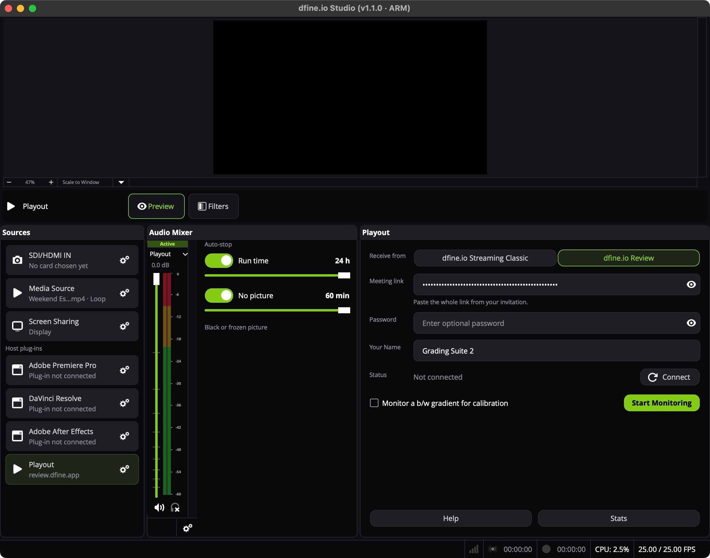 The Playout panel receiving from dfine.io Review with a meeting link and Your Name