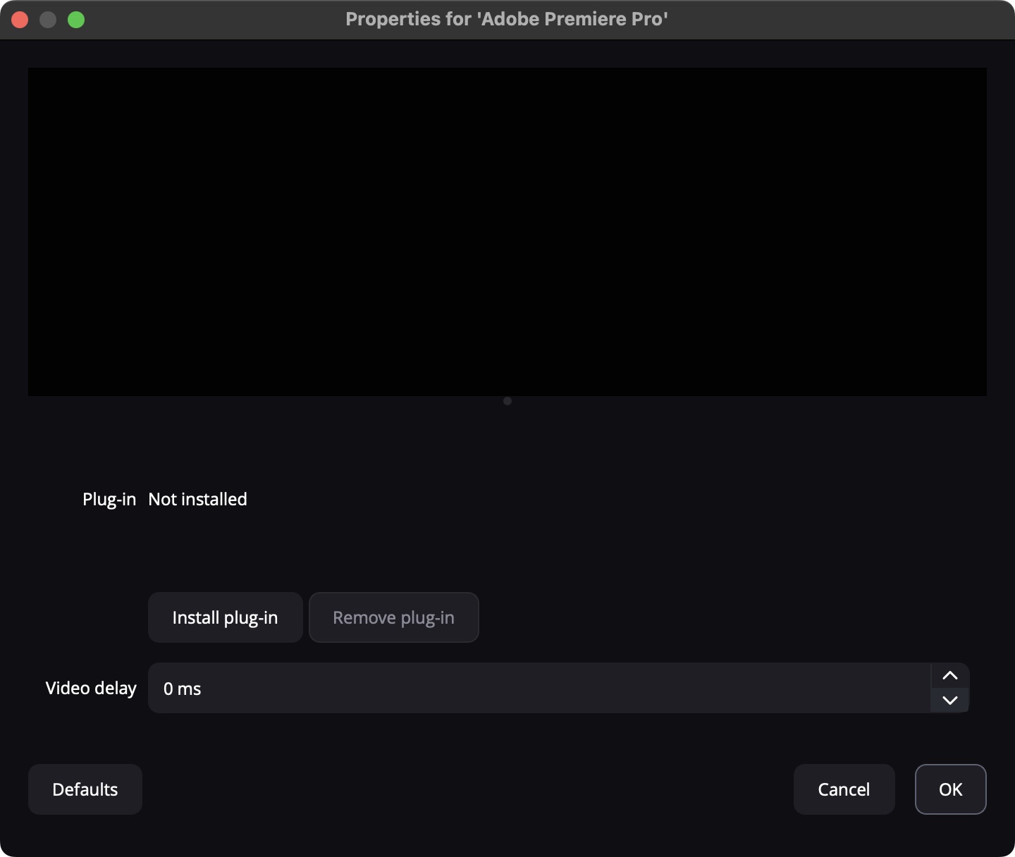 Die Einrichtung der Zeile Adobe Premiere Pro mit Plug-in-Status, Install plug-in und Video delay