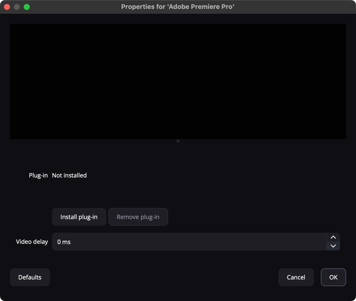 Die Einrichtung der Zeile Adobe Premiere Pro mit Plug-in-Status, Install plug-in und Video delay