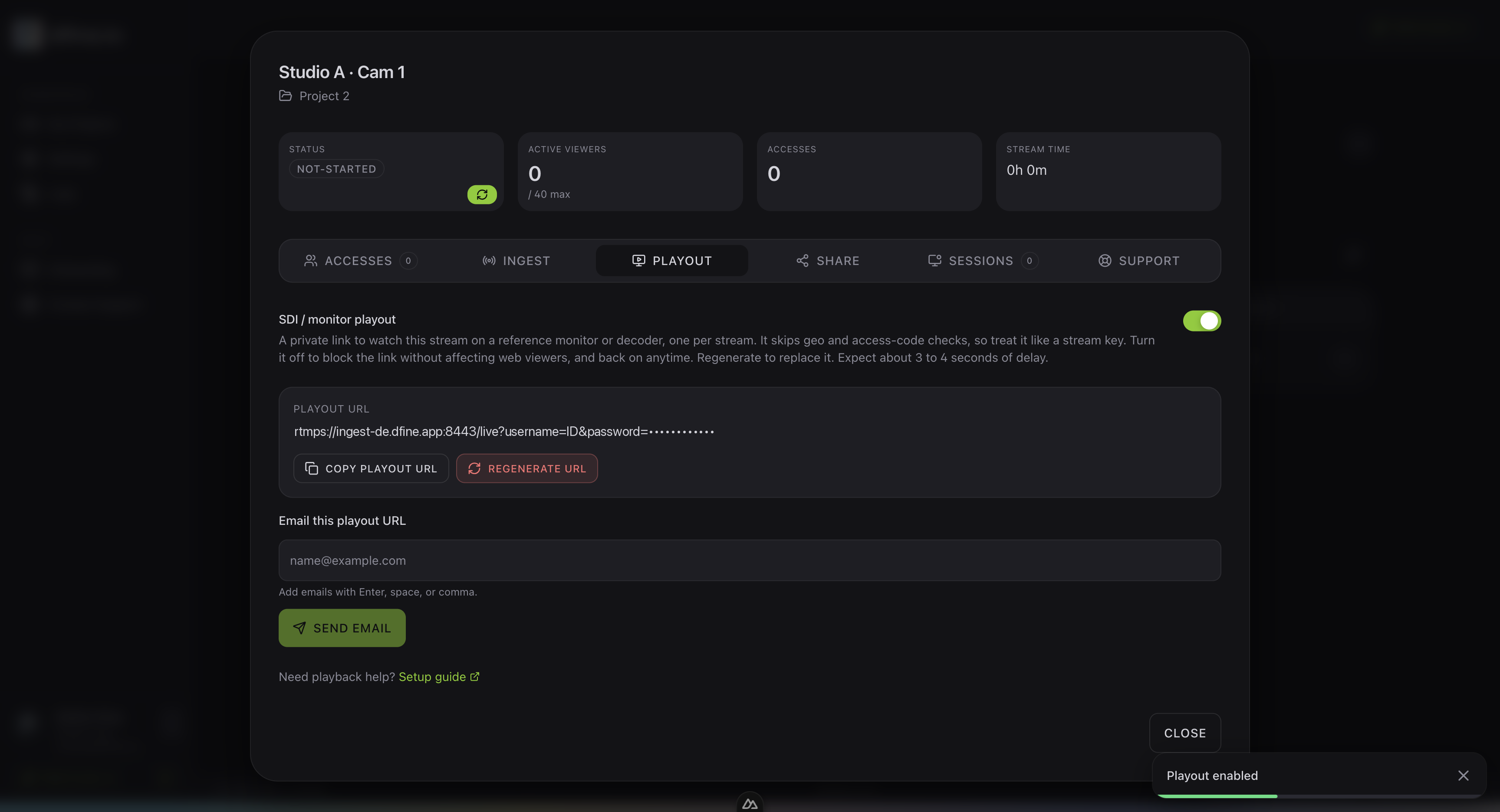 The Playout tab of a stream slot with the monitor playout link enabled