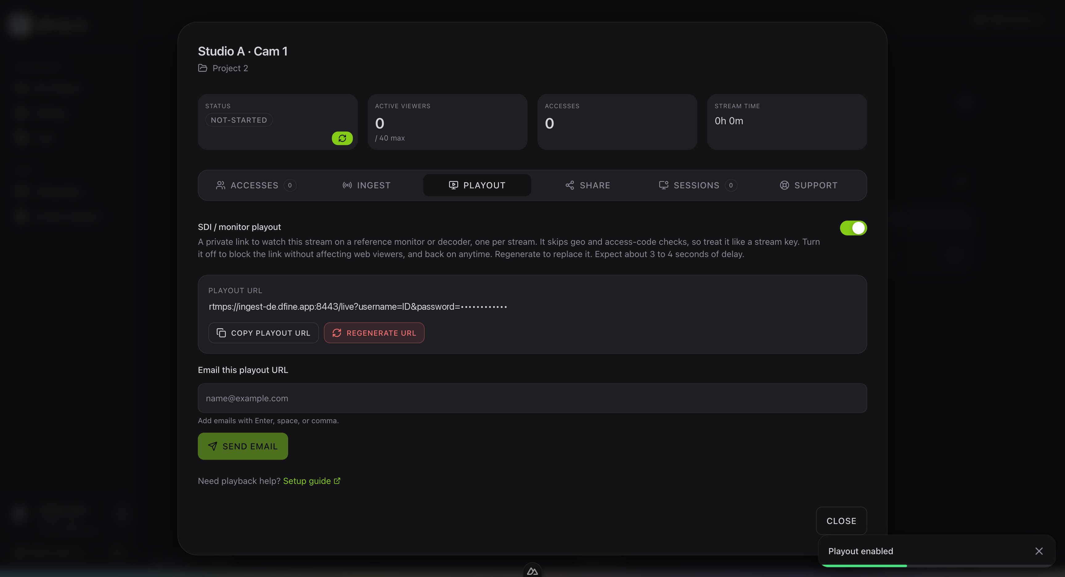 The Playout tab of a stream slot with the monitor playout link enabled