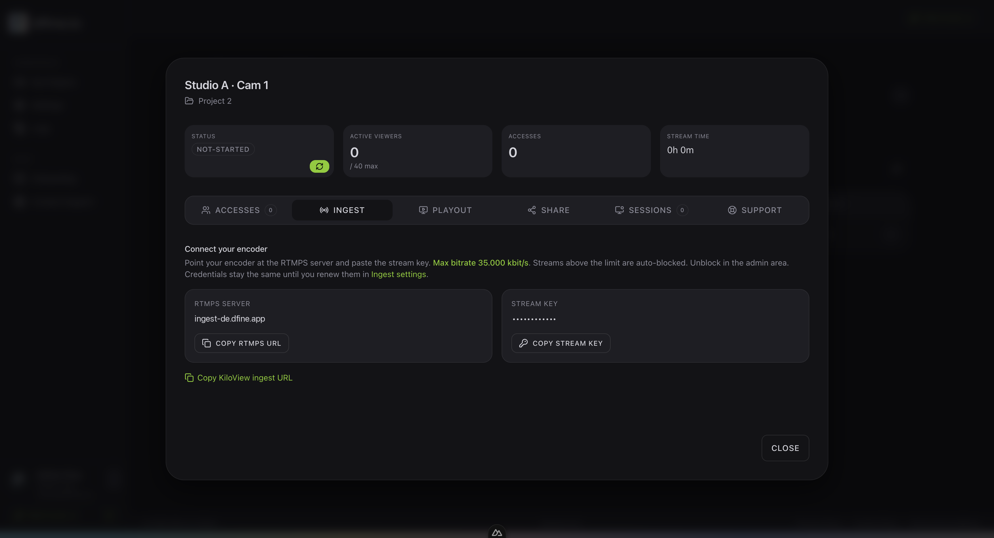 The Ingest tab of a stream slot showing the RTMPS server and the stream key