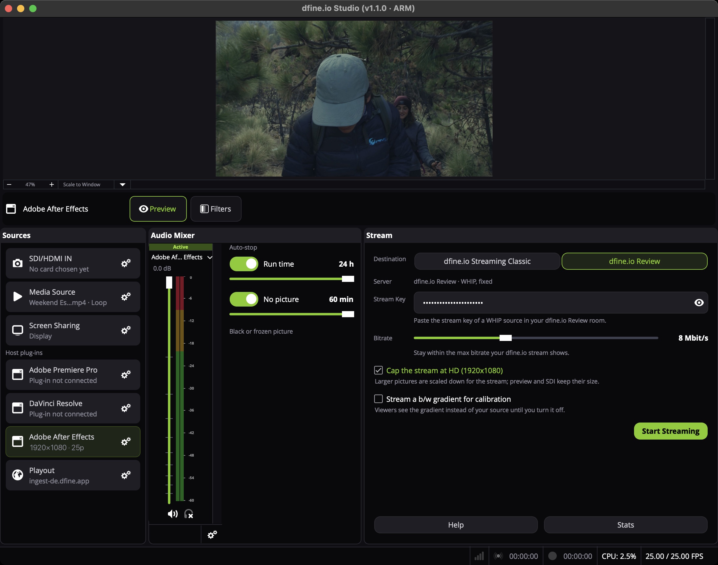 dfine.io Studio mit der Zeile Adobe After Effects auf Sendung, sie zeigt 1920×1080 · 25p