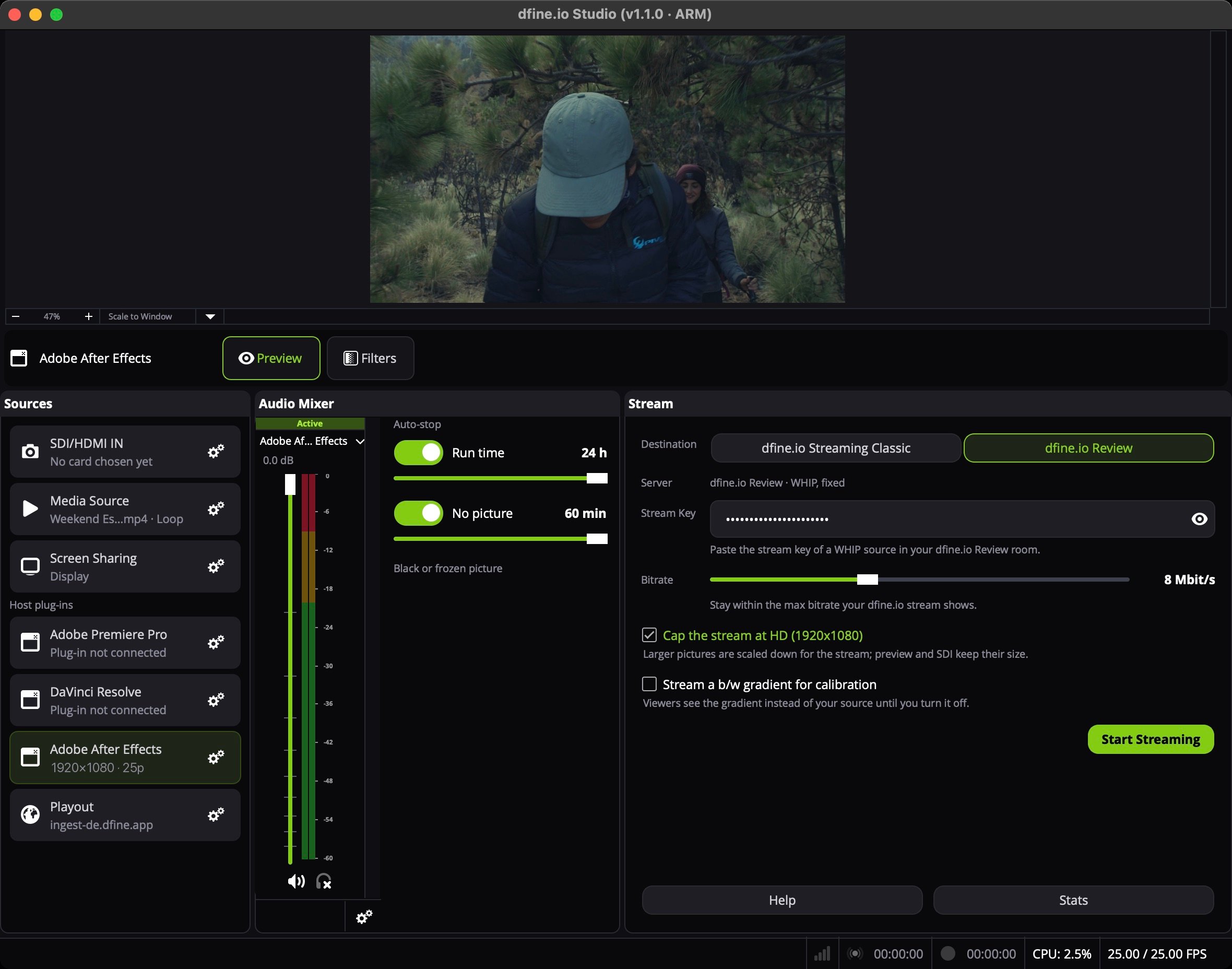 dfine.io Studio mit der Zeile Adobe After Effects auf Sendung, sie zeigt 1920×1080 · 25p