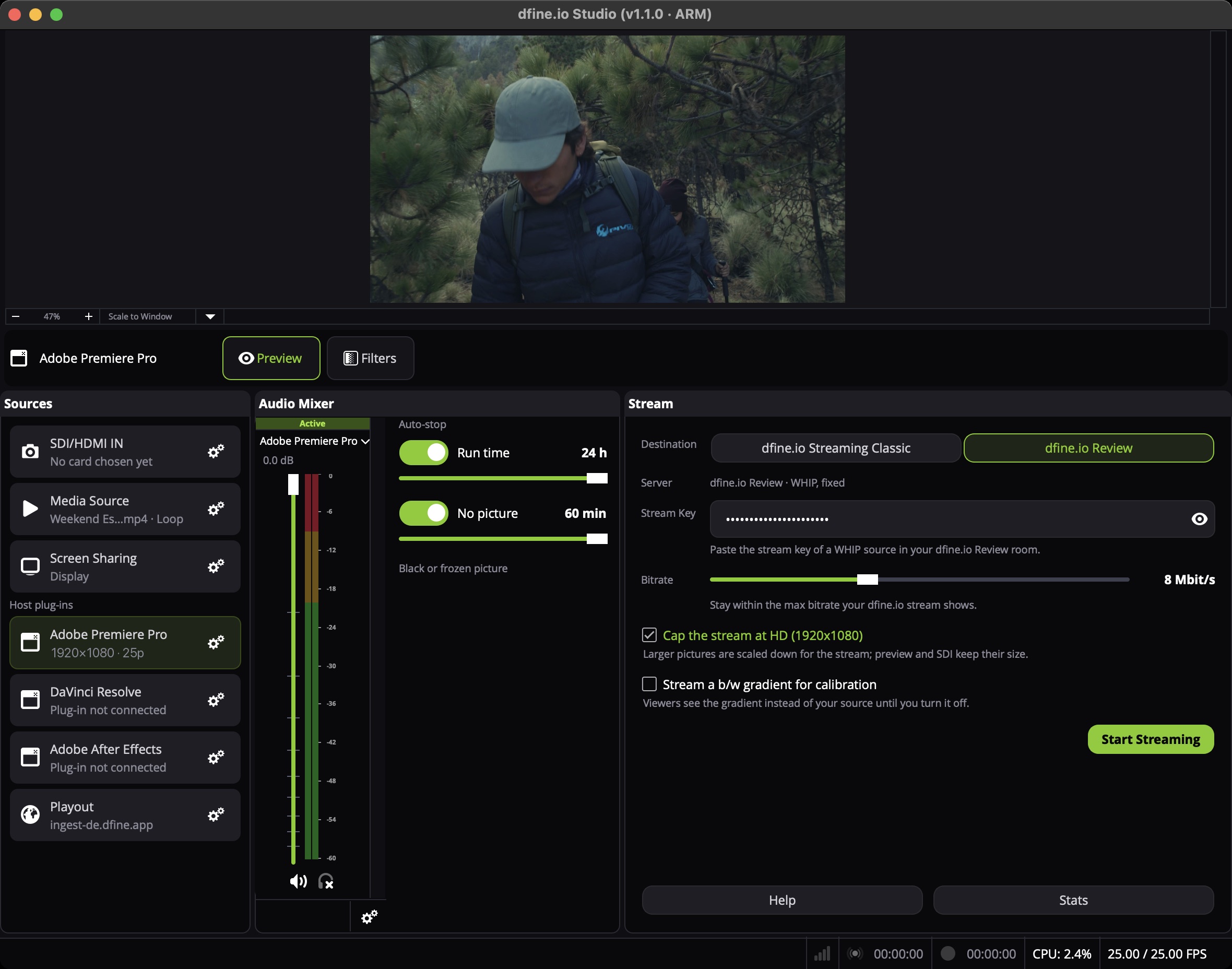 dfine.io Studio mit der Zeile Adobe Premiere Pro auf Sendung, sie zeigt 1920×1080 · 25p