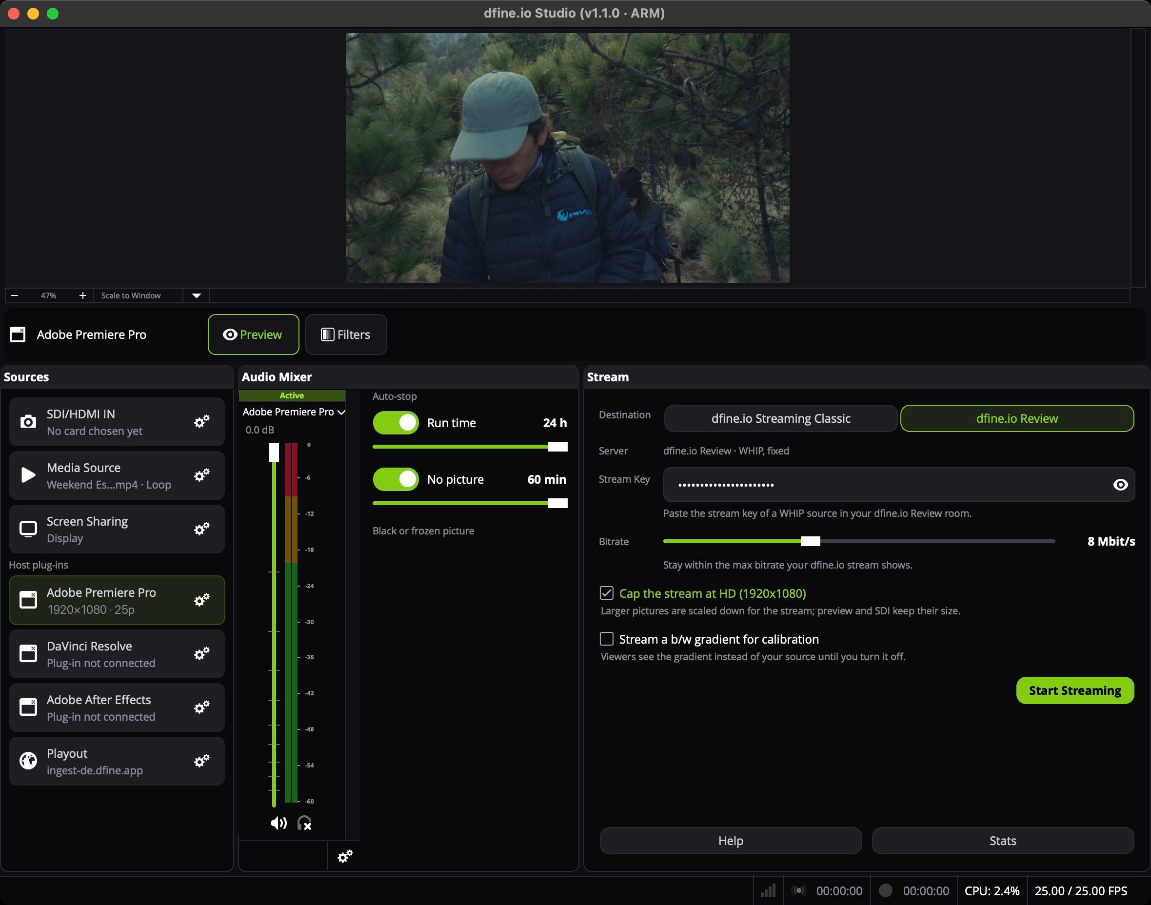dfine.io Studio mit der Zeile Adobe Premiere Pro auf Sendung, sie zeigt 1920×1080 · 25p