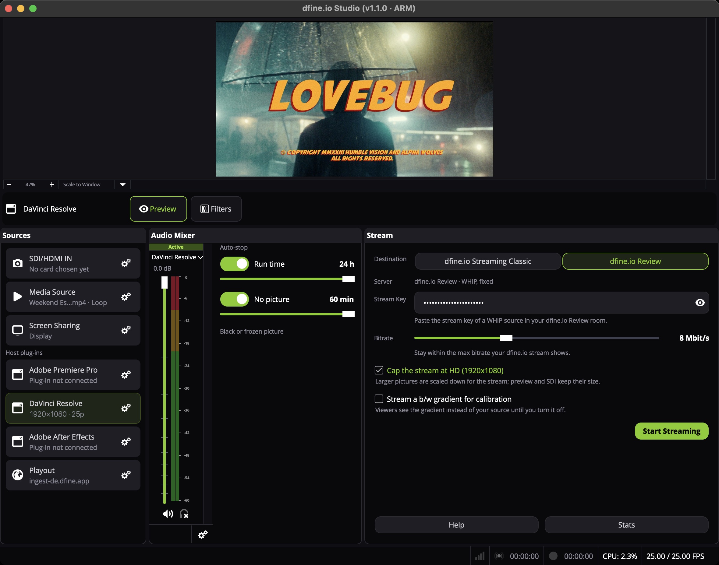 dfine.io Studio mit der Zeile DaVinci Resolve auf Sendung, sie zeigt 1920×1080 · 25p