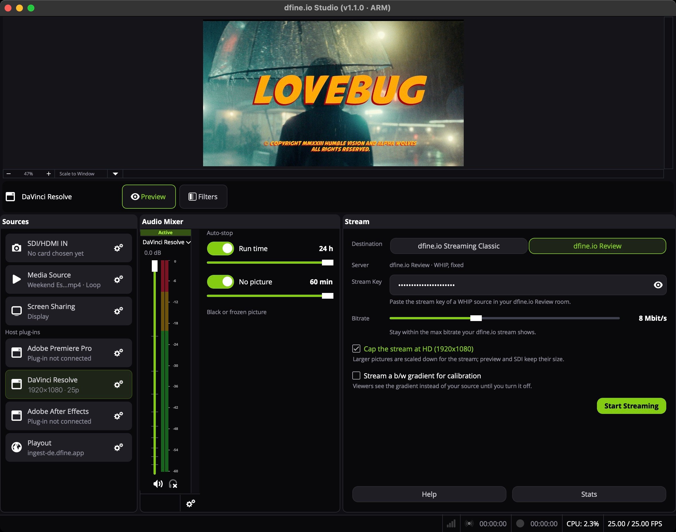 dfine.io Studio mit der Zeile DaVinci Resolve auf Sendung, sie zeigt 1920×1080 · 25p