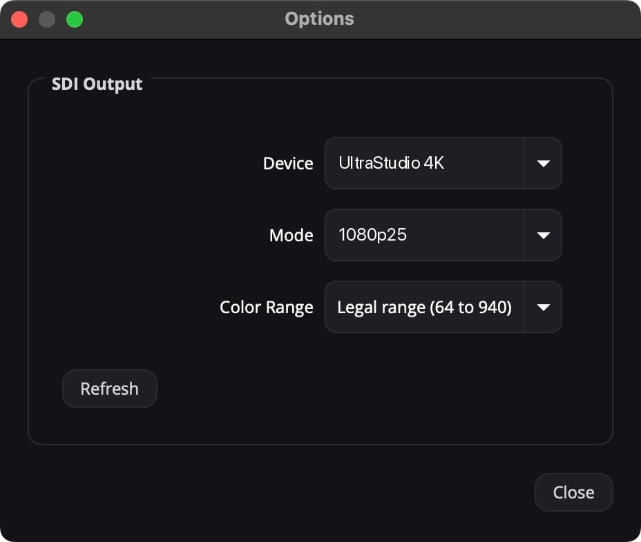 The SDI Output options with device, mode and colour range