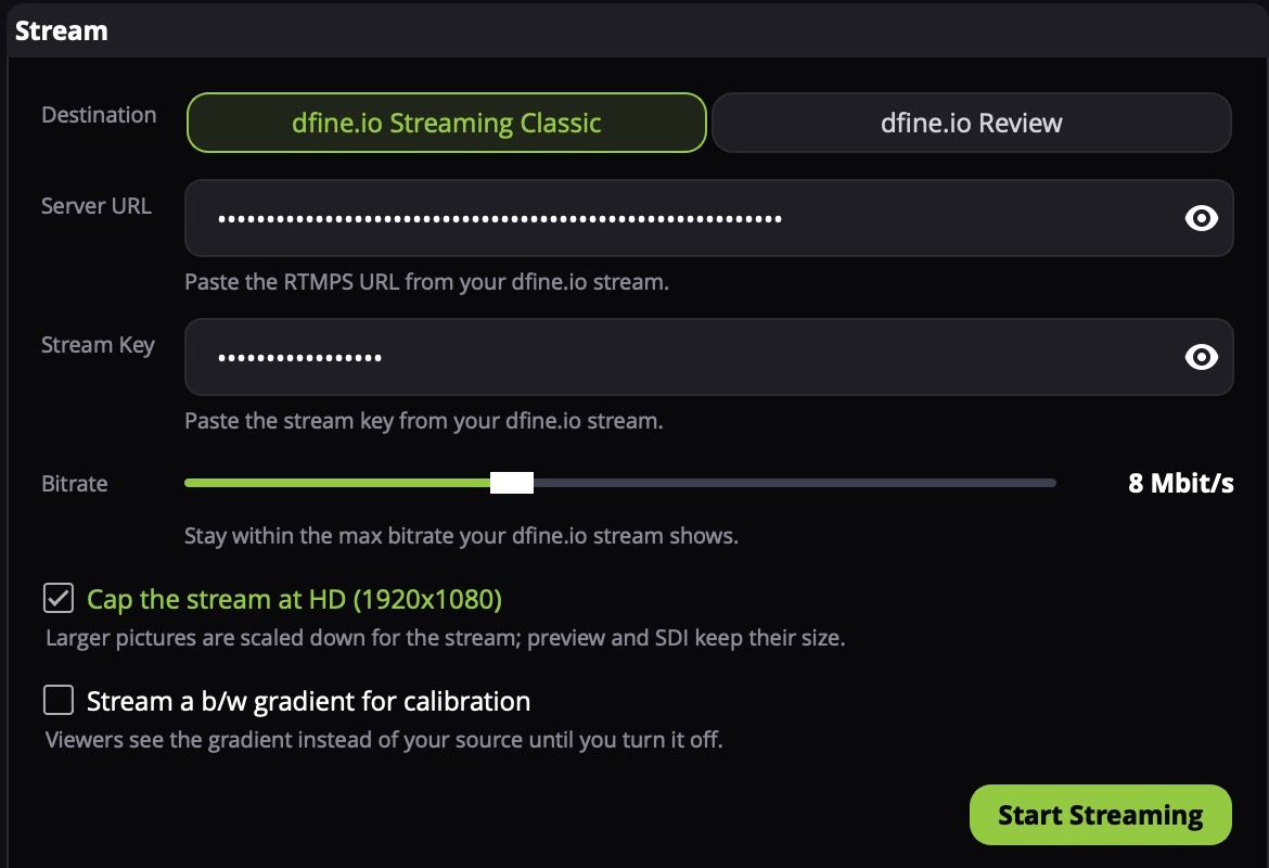 Der Stream-Bereich mit Destination dfine.io Streaming Classic, Server-URL und Stream Key