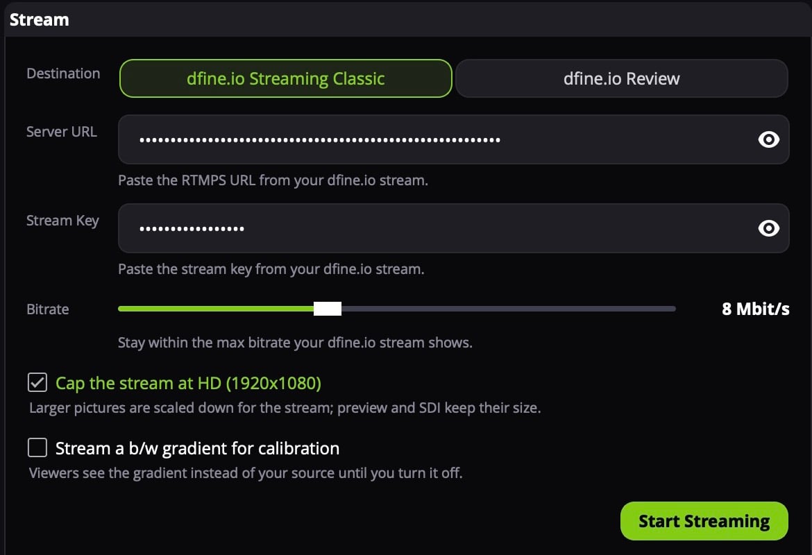 Der Stream-Bereich mit Destination dfine.io Streaming Classic, Server-URL und Stream Key