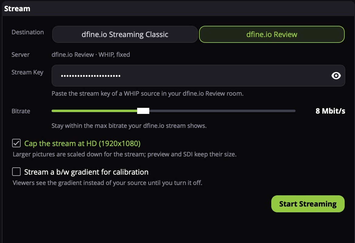 Der Stream-Bereich mit Destination dfine.io Review und eingefügtem Stream Key