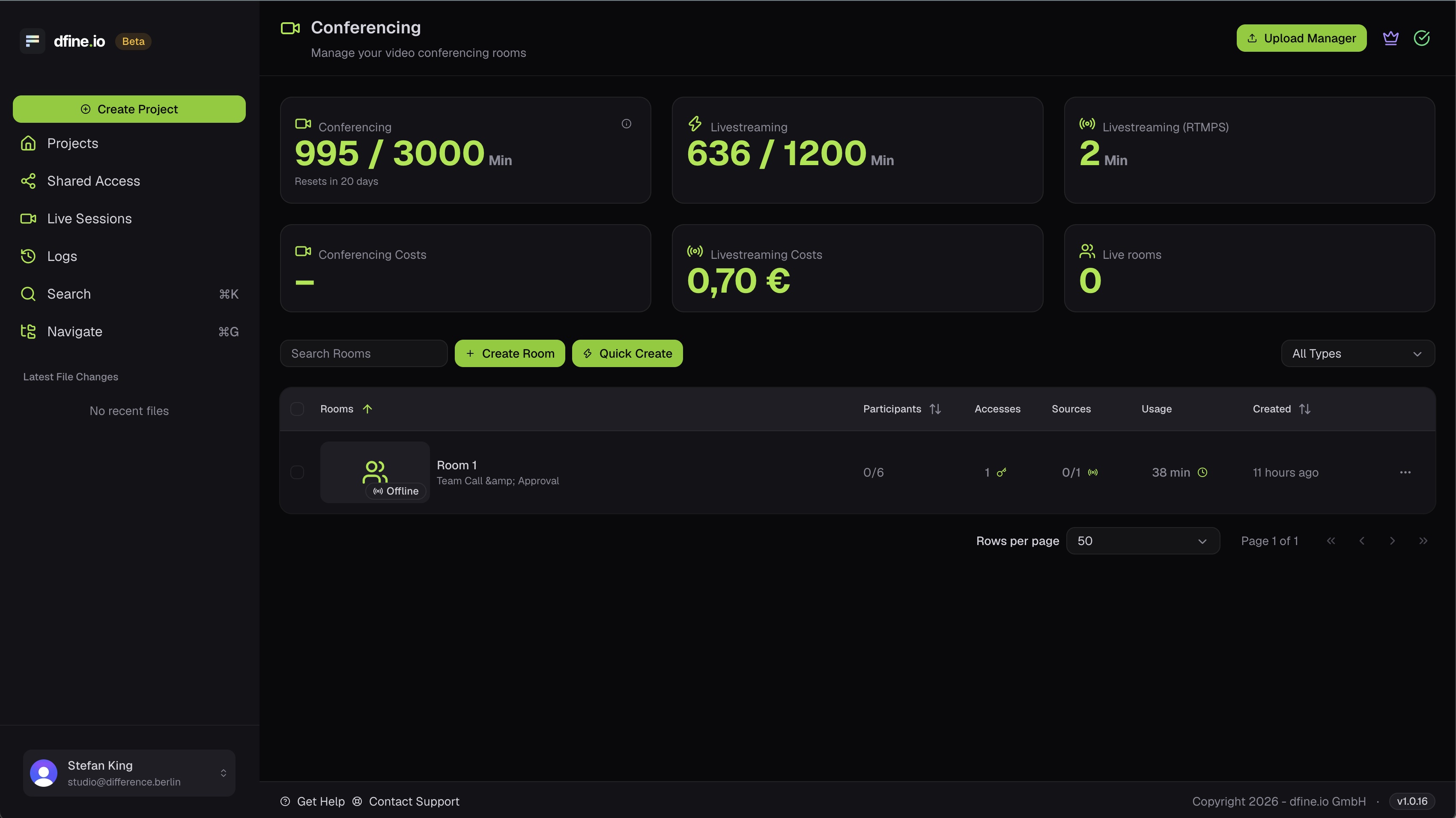 The Streaming page with conferencing usage and the room list