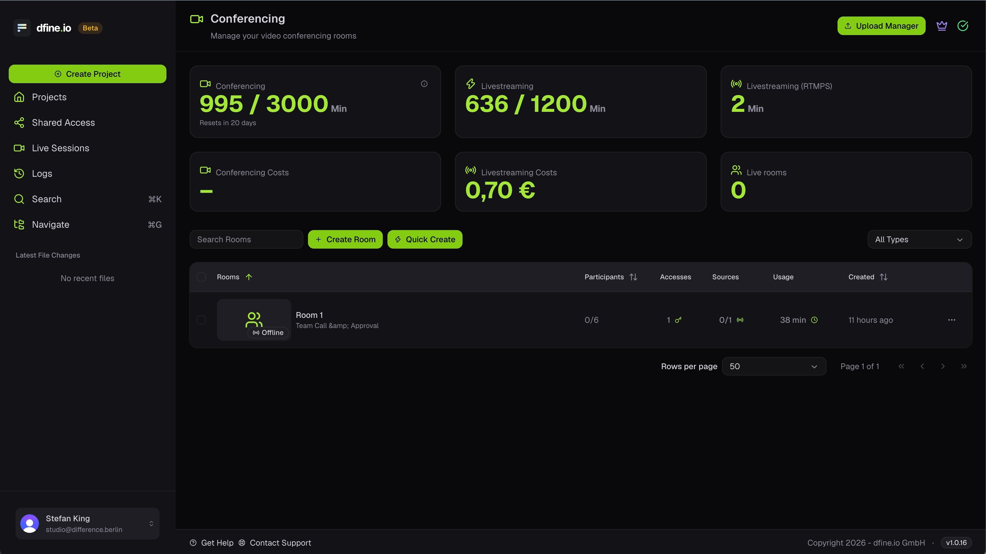 The Streaming page with conferencing usage and the room list