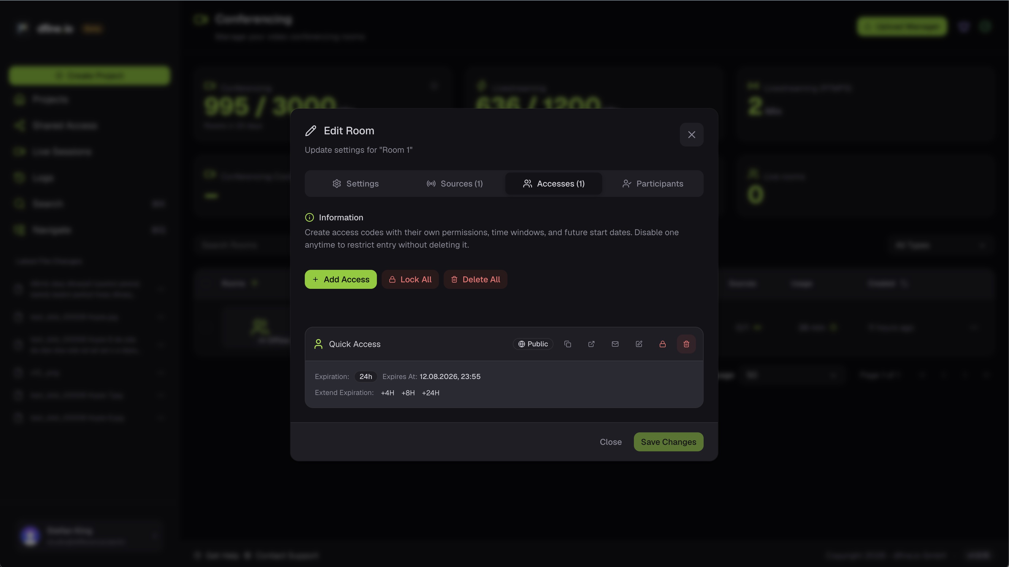 The Edit Room dialog on the Accesses tab with an access code