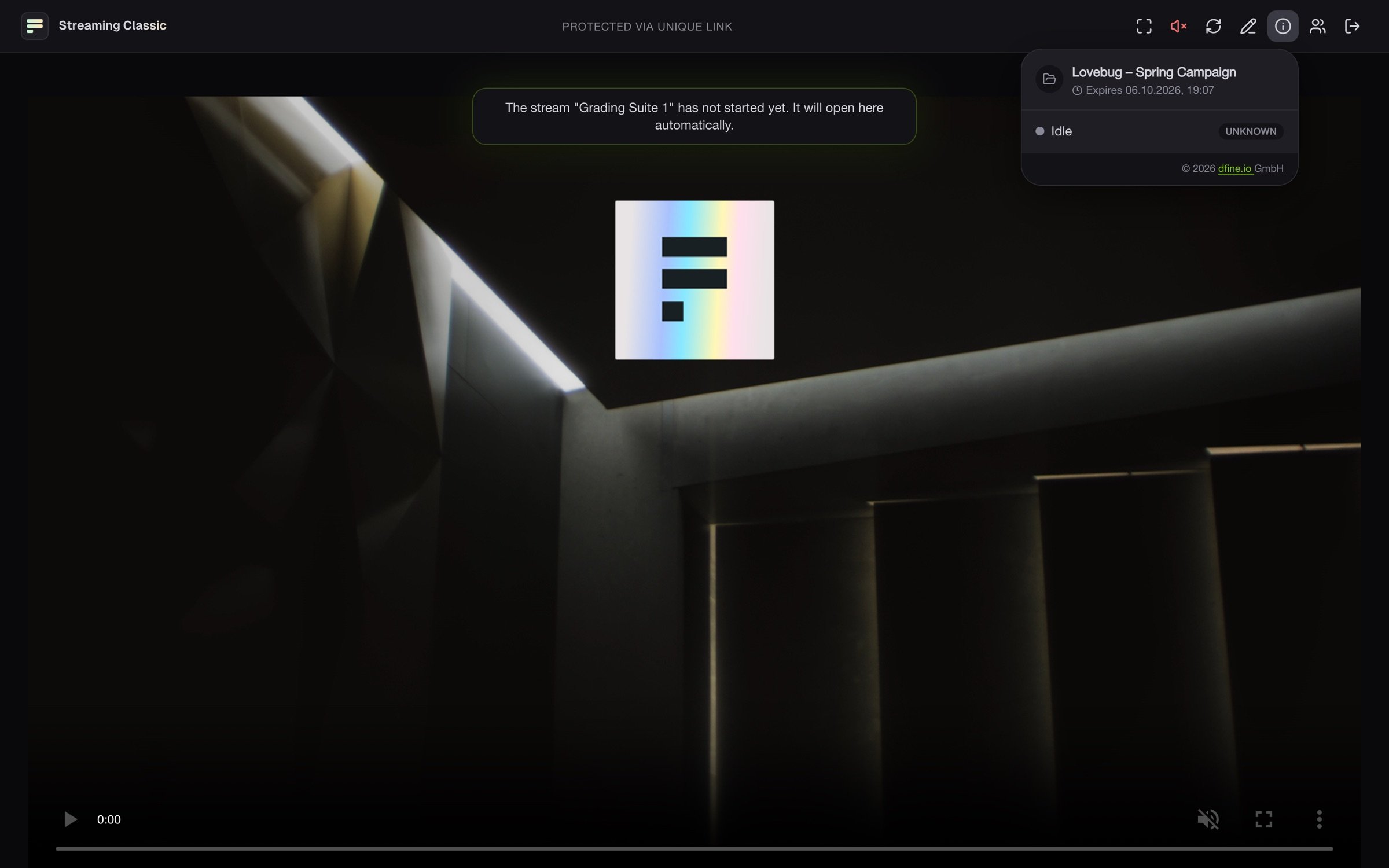 Das Menü Stream info mit Projekt, Ablaufdatum und Verbindungsstatus, bevor der Stream begonnen hat