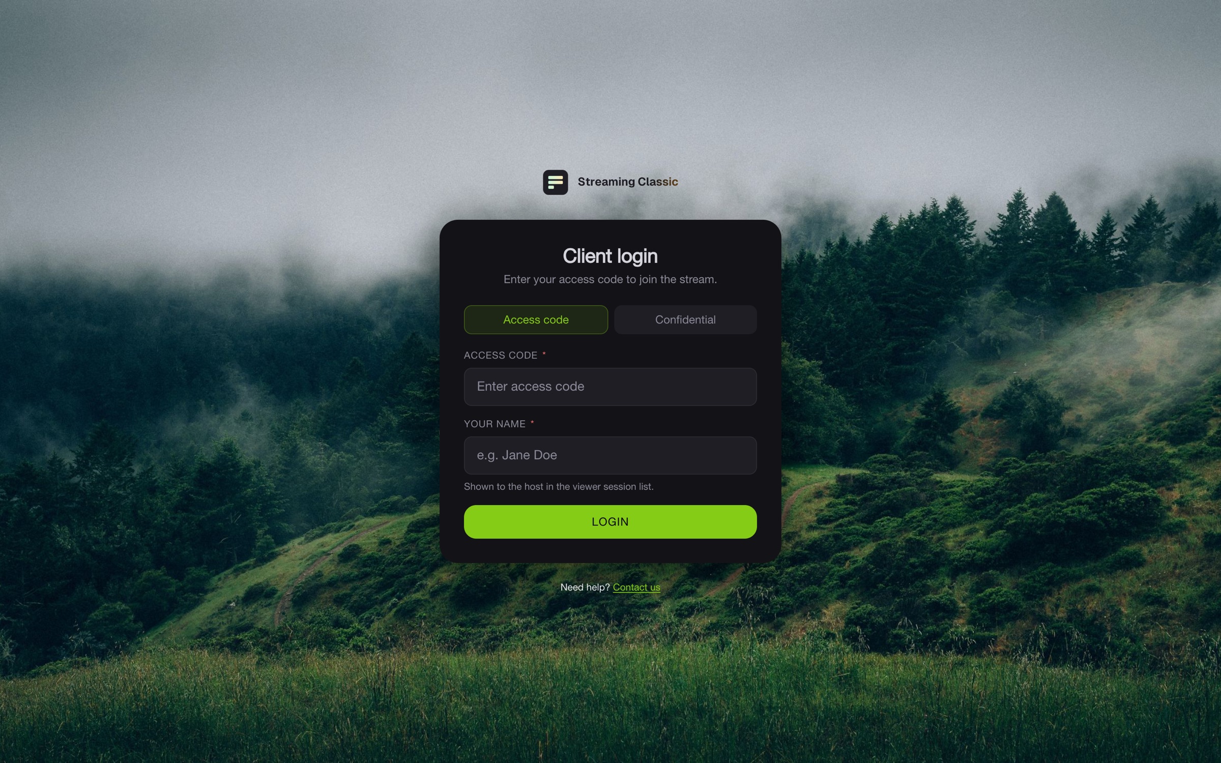 Die Seite Client login mit den Tabs Access code und Confidential