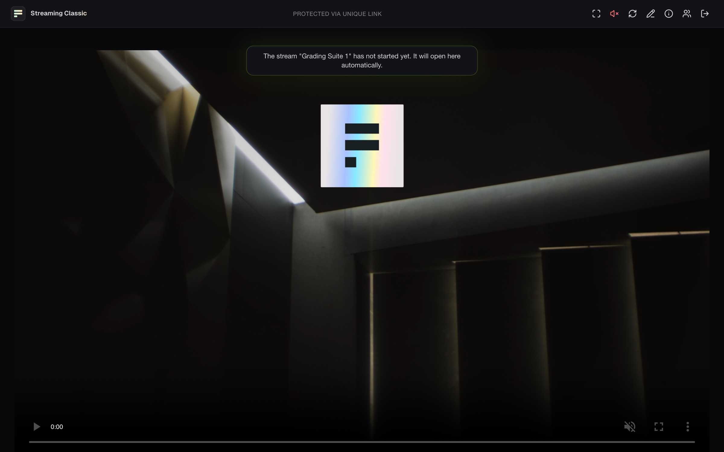 Der Player von Streaming Classic vor dem Start, oben rechts die Symbole für Vollbild, Ton, Neu verbinden, Zeichnen, Stream info, Zuschauer und Abmelden