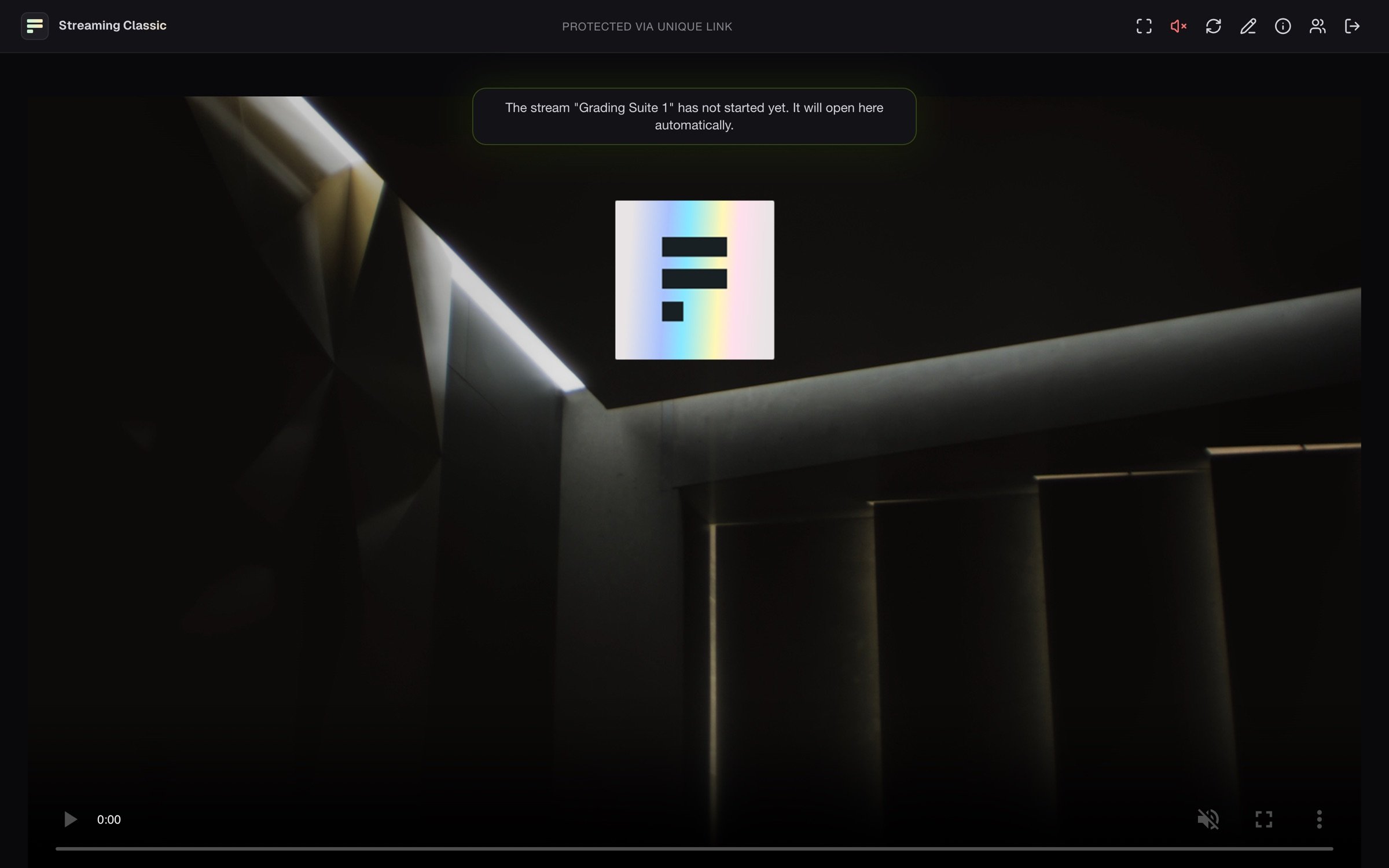 Der Player von Streaming Classic vor dem Start, oben rechts die Symbole für Vollbild, Ton, Neu verbinden, Zeichnen, Stream info, Zuschauer und Abmelden