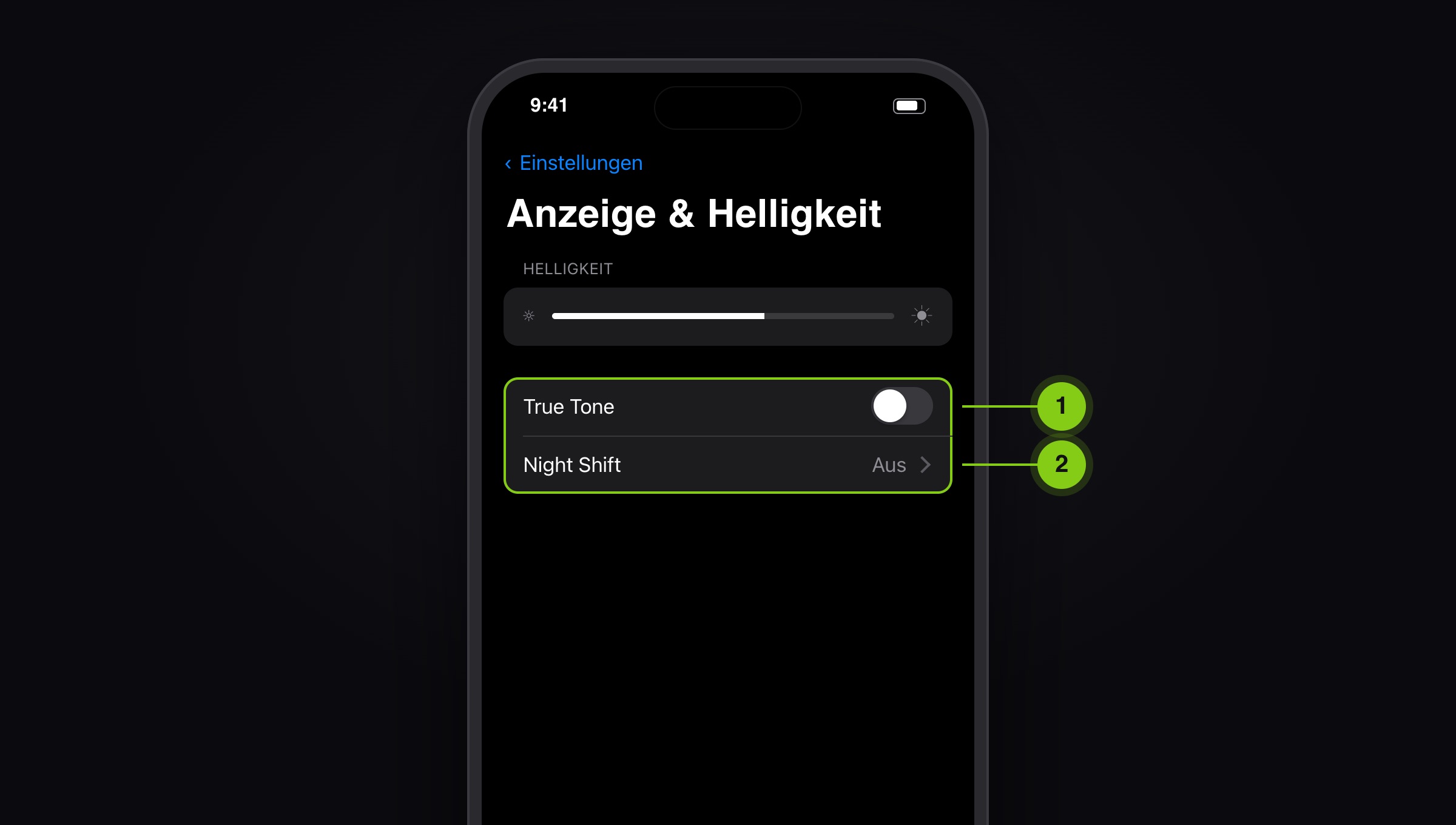 Illustration: Anzeige & Helligkeit mit ausgeschaltetem True Tone und Night Shift auf Aus