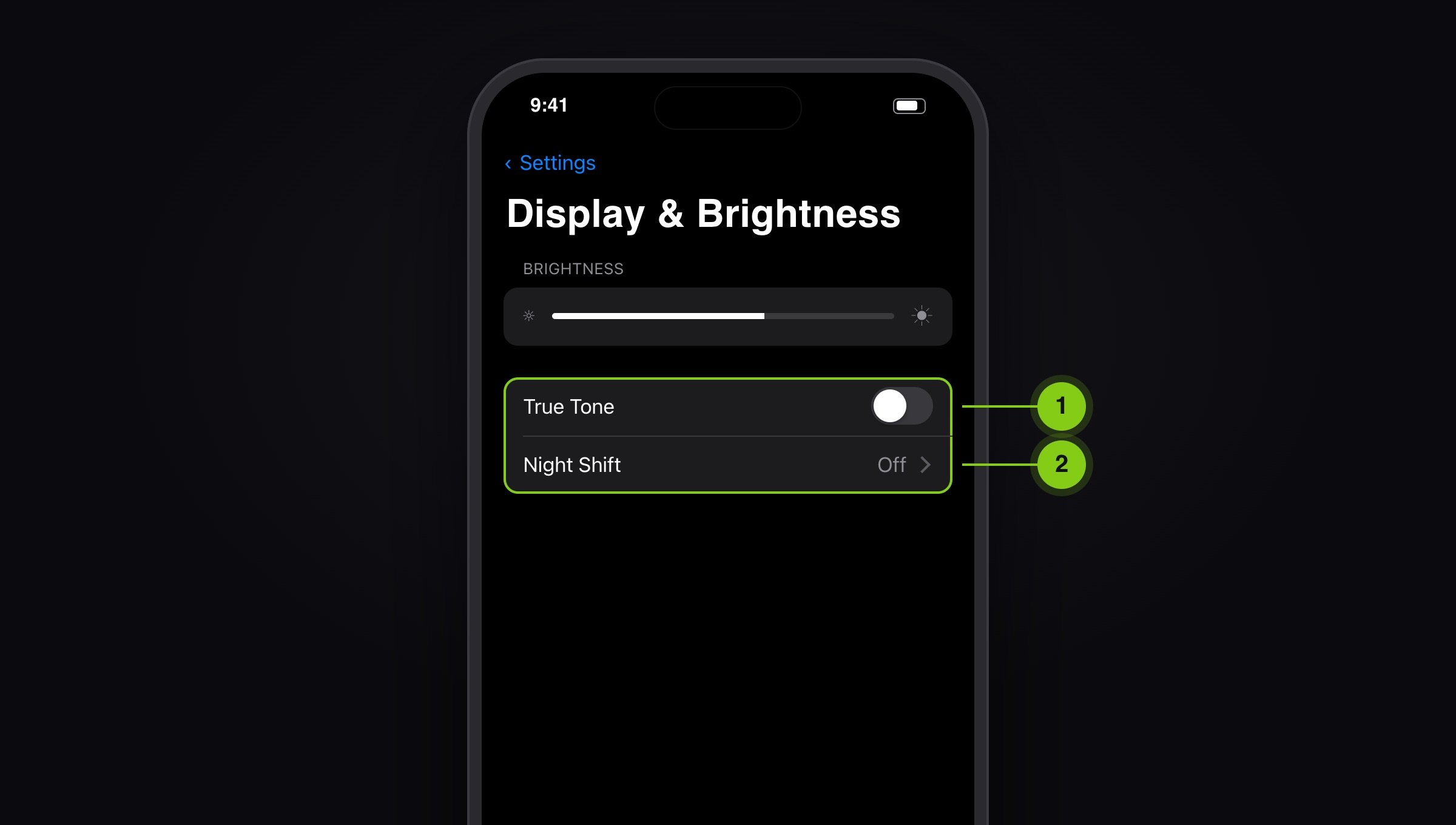 Illustration: Display & Brightness with True Tone turned off and Night Shift set to Off