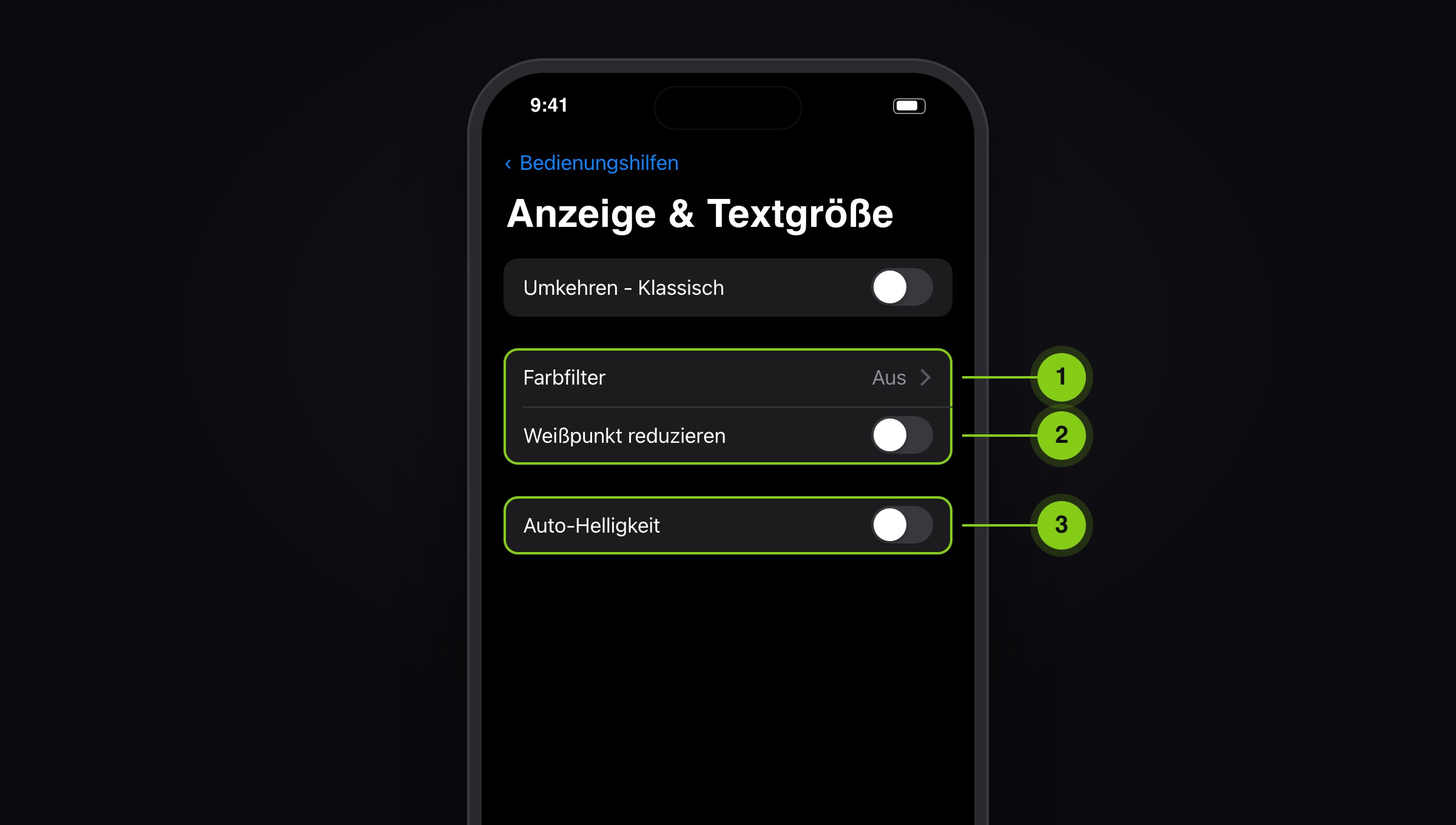 Illustration: Anzeige & Textgröße mit Farbfilter, Weißpunkt reduzieren und Auto-Helligkeit aus