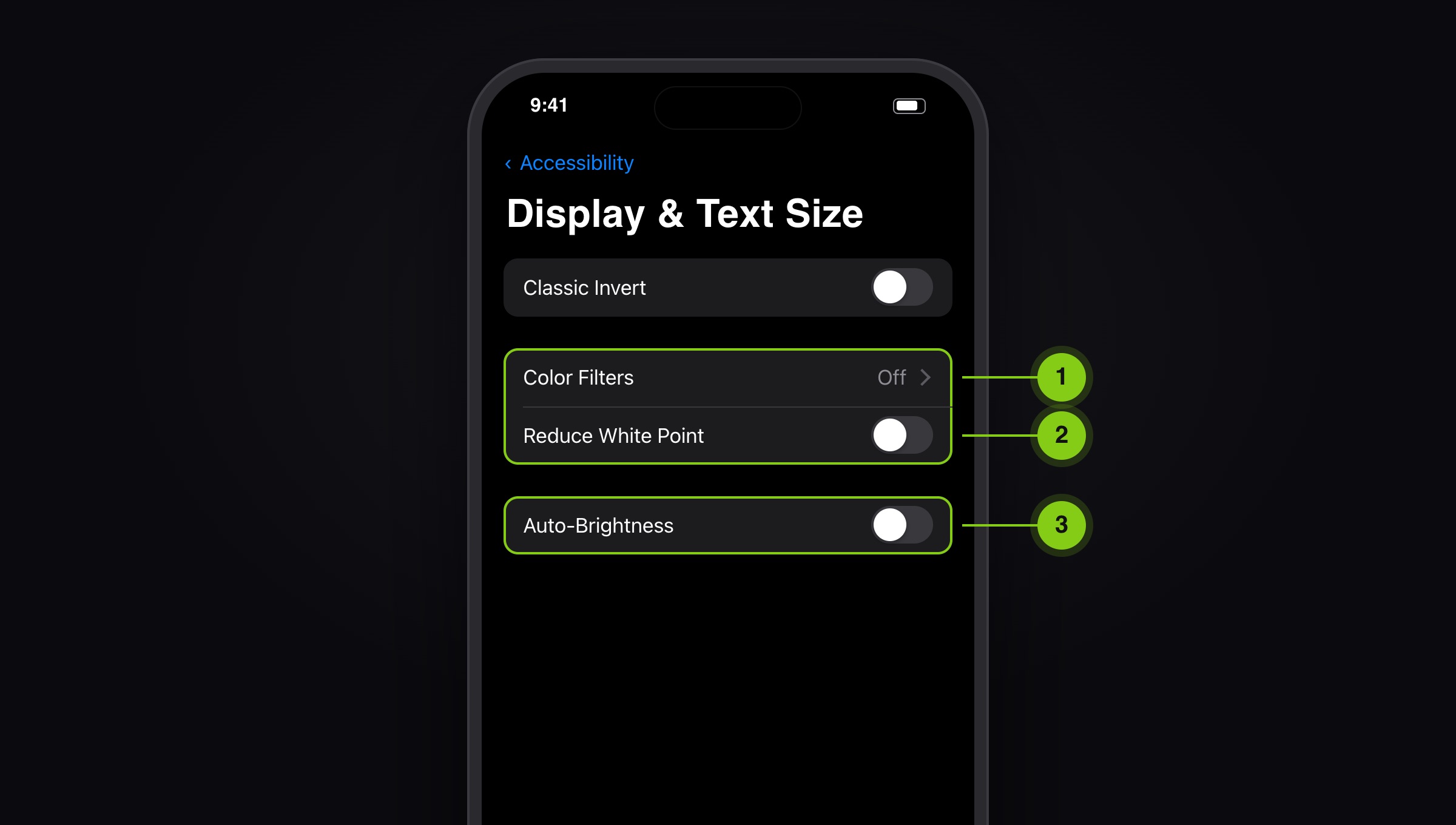 Illustration: Display & Text Size with Color Filters, Reduce White Point and Auto-Brightness off
