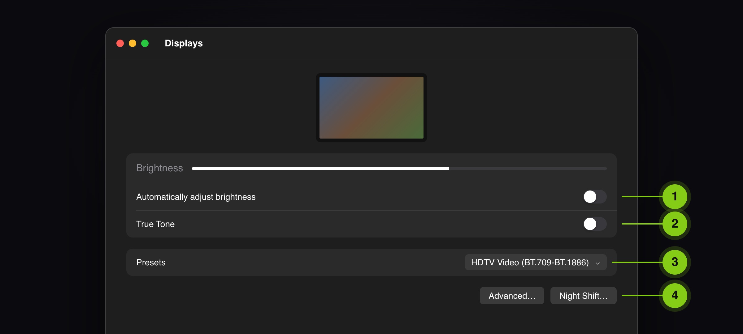 Illustration: Displays in System Settings with automatic brightness and True Tone off, the HDTV Video preset and the Night Shift button